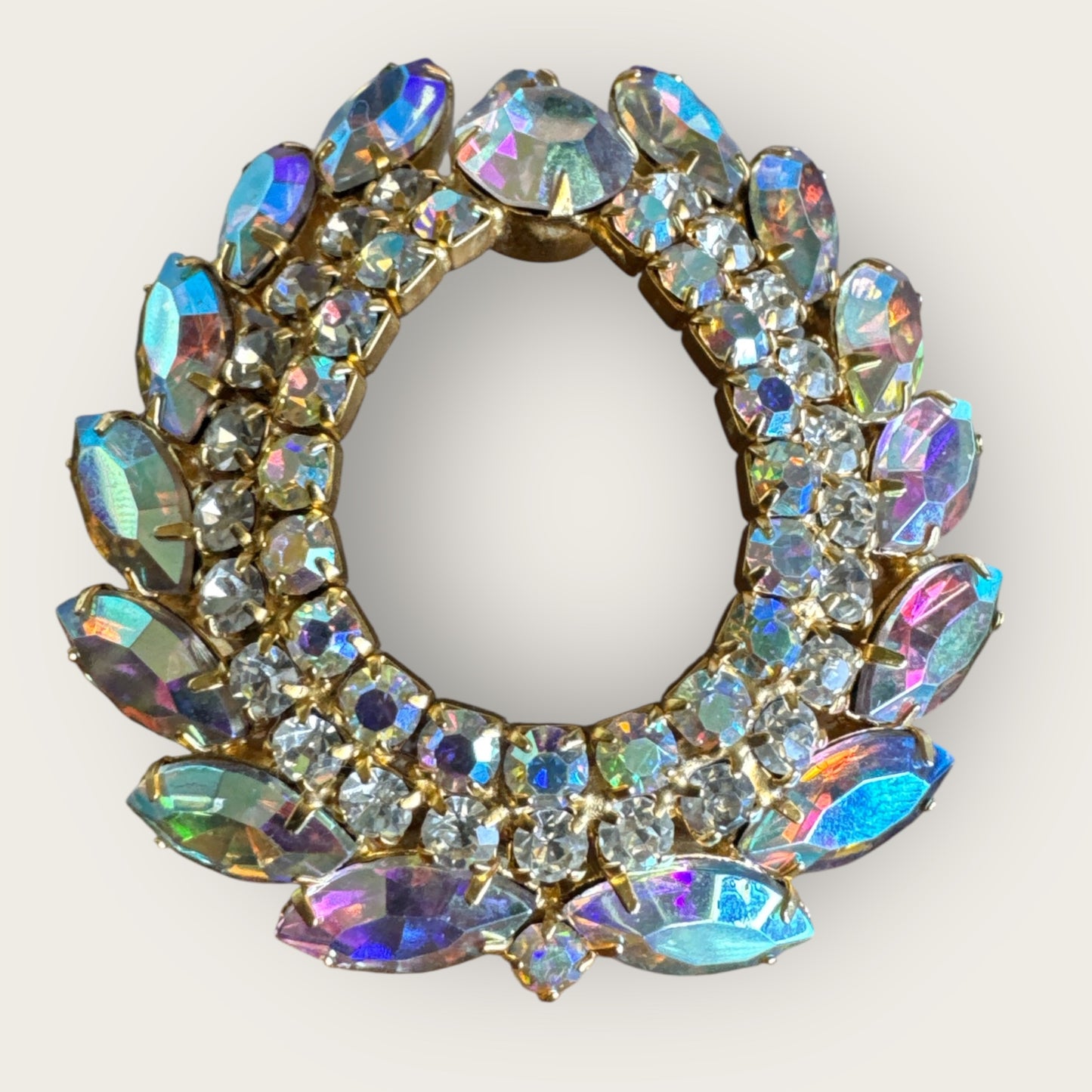 Vintage Aurora Borealis Rhinestone Oval Wreath Brooch – Large 1960s Statement Pin