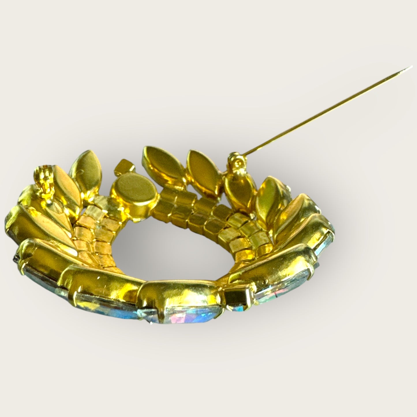 Vintage Aurora Borealis Rhinestone Oval Wreath Brooch – Large 1960s Statement Pin