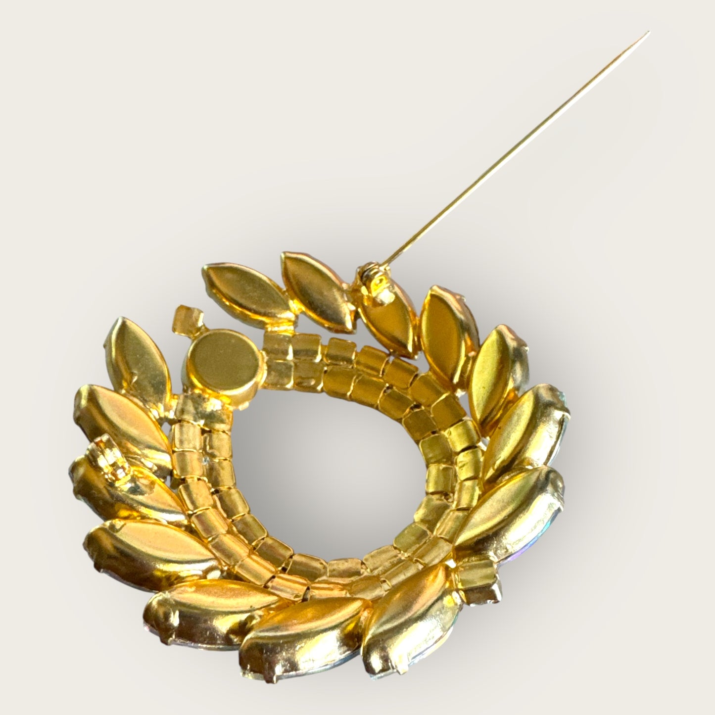 Vintage Aurora Borealis Rhinestone Oval Wreath Brooch – Large 1960s Statement Pin