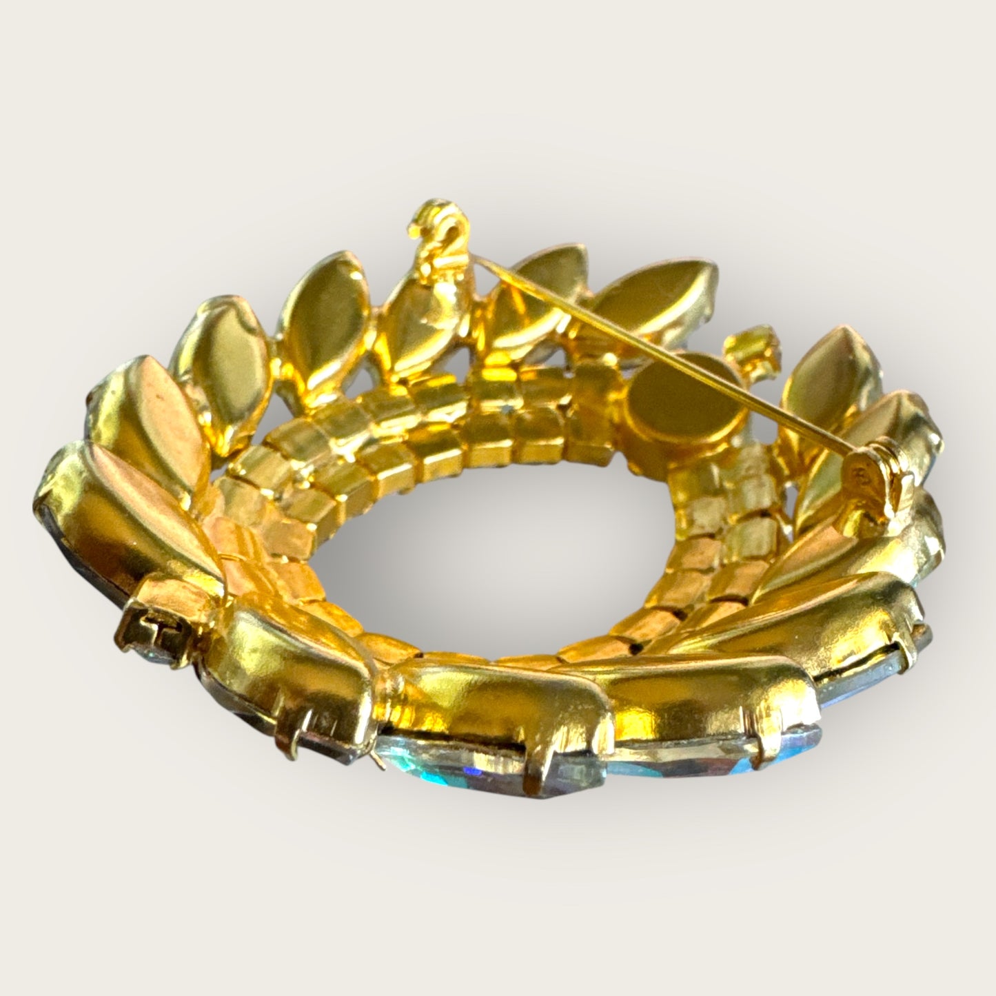Vintage Aurora Borealis Rhinestone Oval Wreath Brooch – Large 1960s Statement Pin