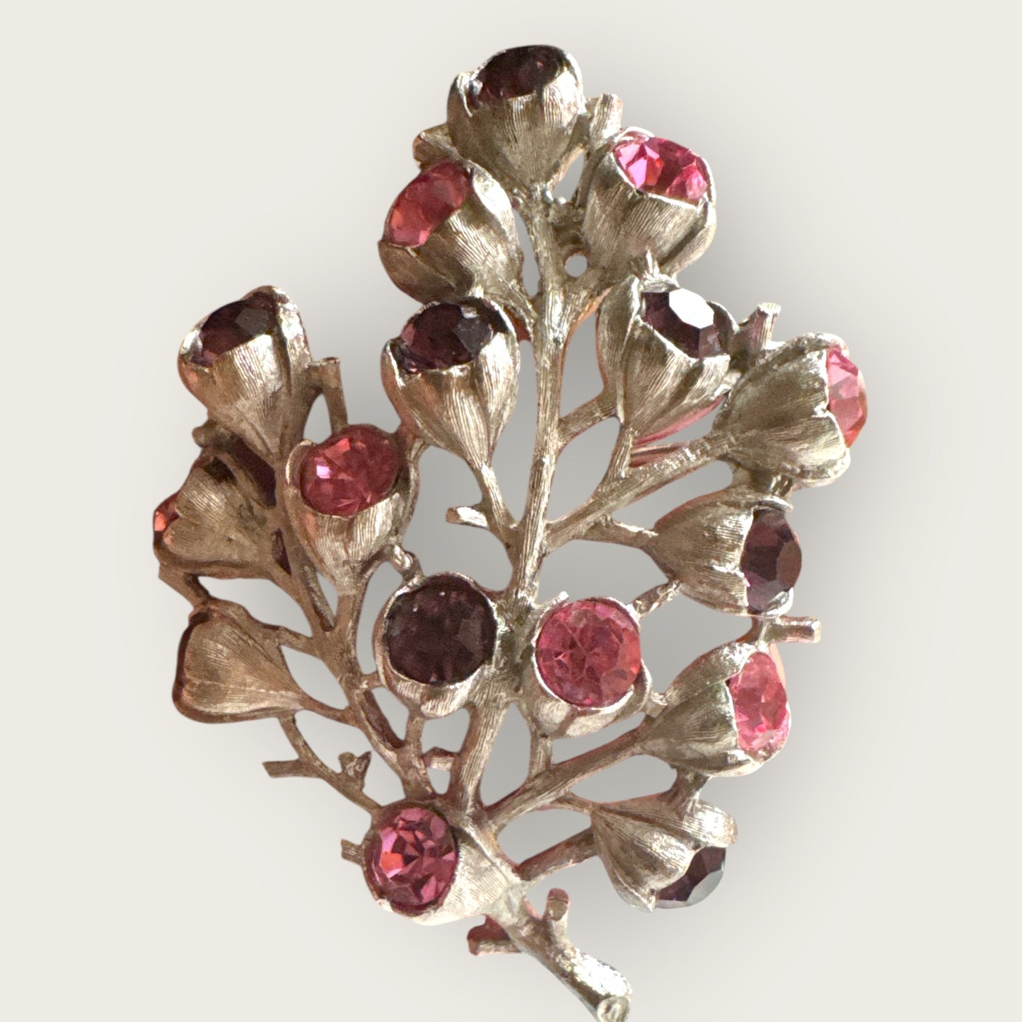 Vintage Sarah Coventry Tree of Life Brooch – Silver-Tone with Pink & Purple Rhinestones – 1960s Statement Pin