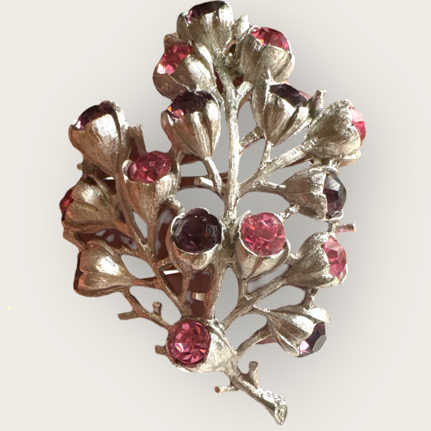 Vintage Sarah Coventry Tree of Life Brooch – Silver-Tone with Pink & Purple Rhinestones – 1960s Statement Pin
