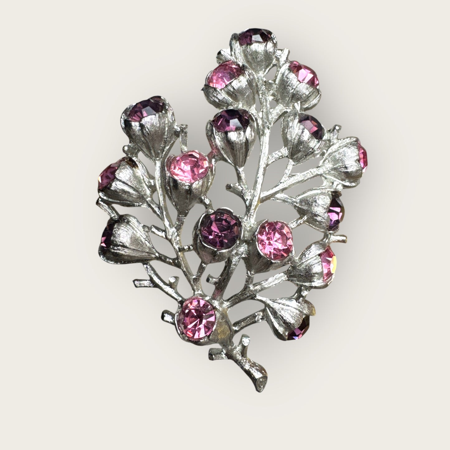 Vintage Sarah Coventry Tree of Life Brooch – Silver-Tone with Pink & Purple Rhinestones – 1960s Statement Pin
