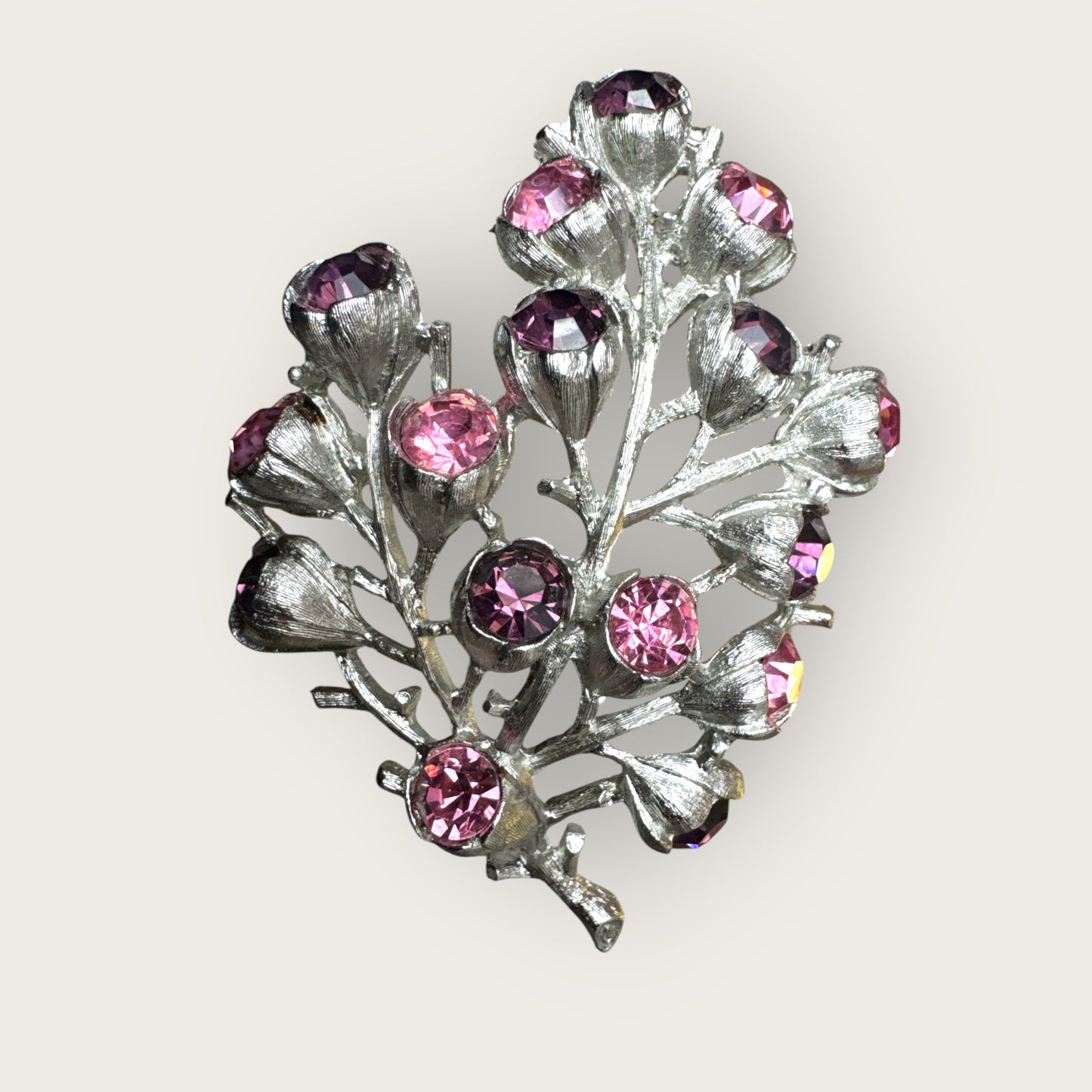Vintage Sarah Coventry Tree of Life Brooch – Silver-Tone with Pink & Purple Rhinestones – 1960s Statement Pin