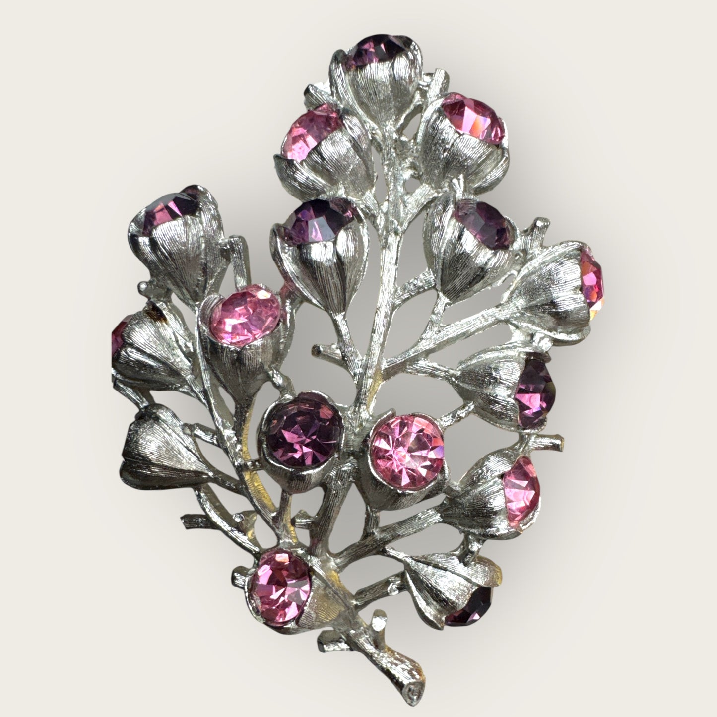 Vintage Sarah Coventry Tree of Life Brooch – Silver-Tone with Pink & Purple Rhinestones – 1960s Statement Pin