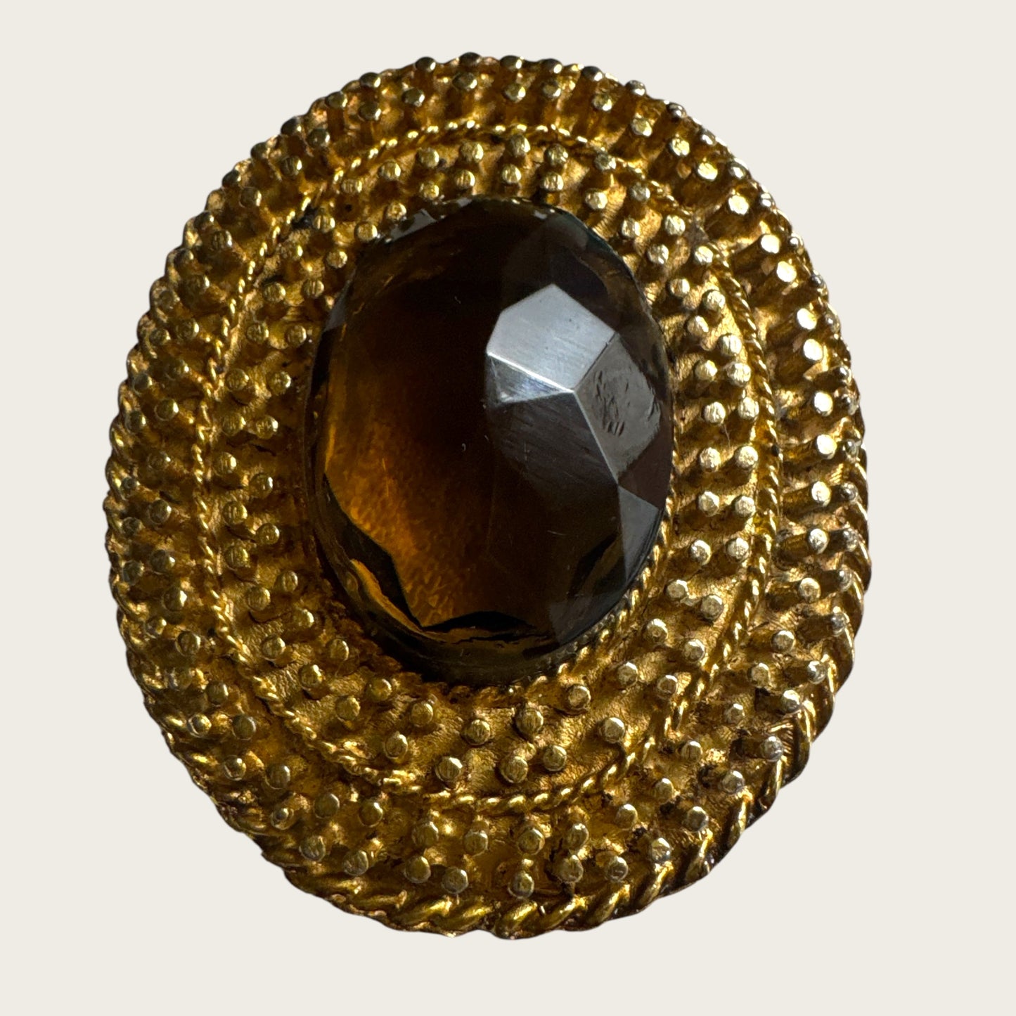 Vintage Smoky Glass Convertible Brooch Pendant – Textured Gold-Tone Setting – Mid-Century Statement Jewelry