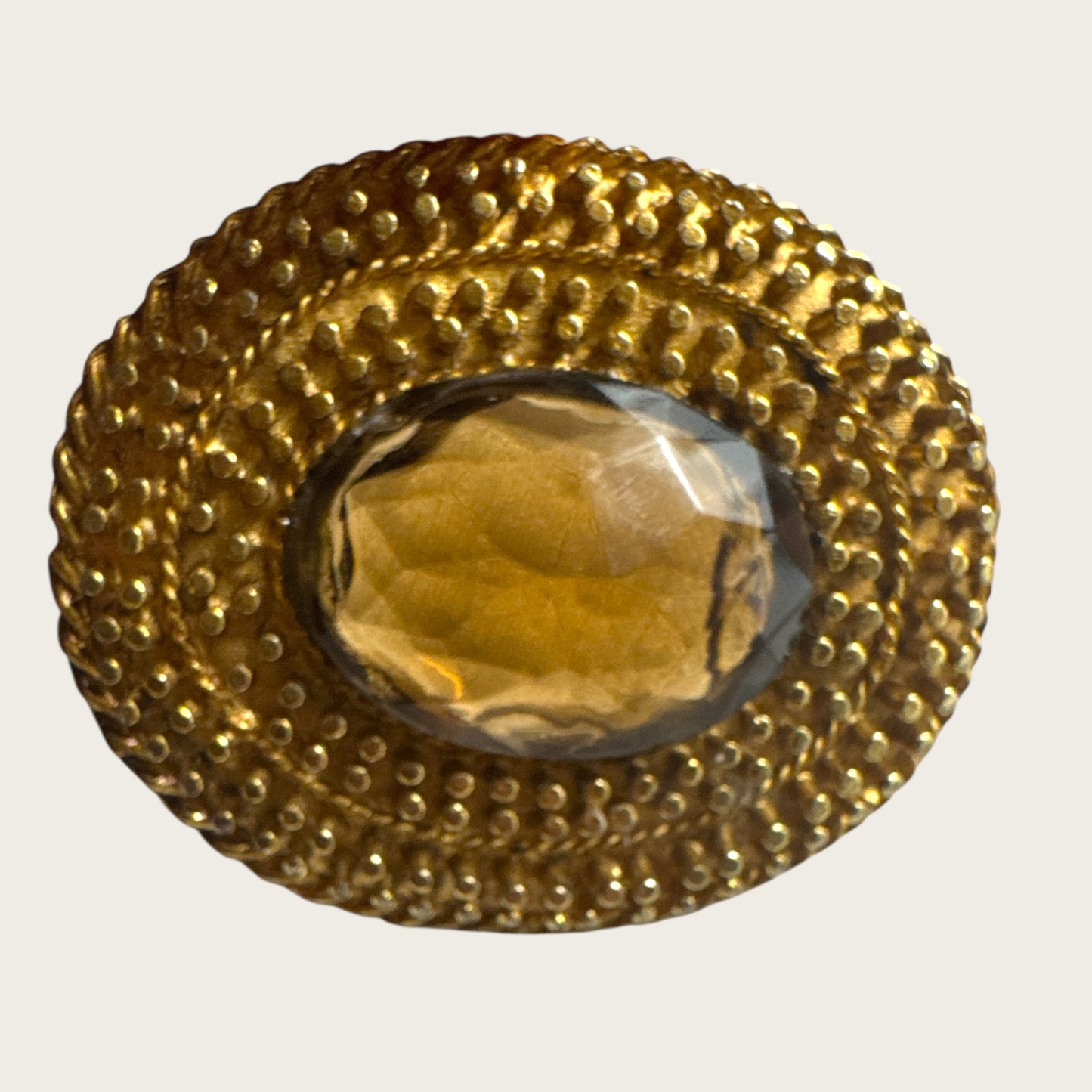 Vintage Smoky Glass Convertible Brooch Pendant – Textured Gold-Tone Setting – Mid-Century Statement Jewelry