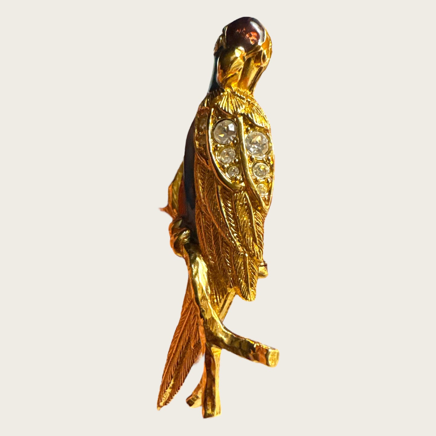 Vintage Avon Parrot Brooch – Enamel & Swarovski Crystal Bird Pin – Gold-Tone Signed Avon