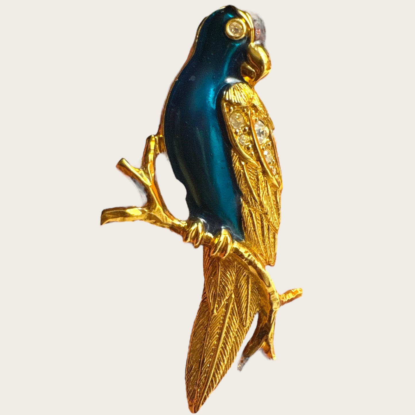 Vintage Avon Parrot Brooch – Enamel & Swarovski Crystal Bird Pin – Gold-Tone Signed Avon