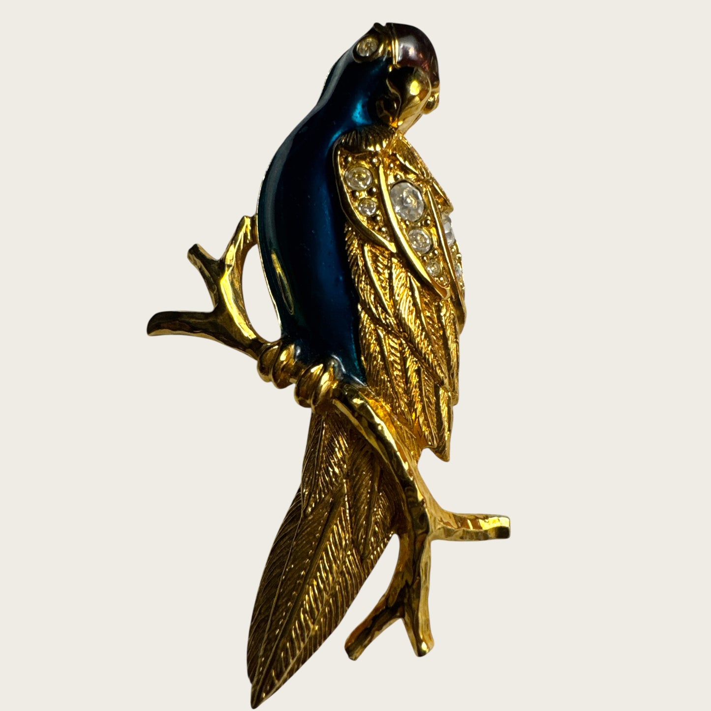 Vintage Avon Parrot Brooch – Enamel & Swarovski Crystal Bird Pin – Gold-Tone Signed Avon