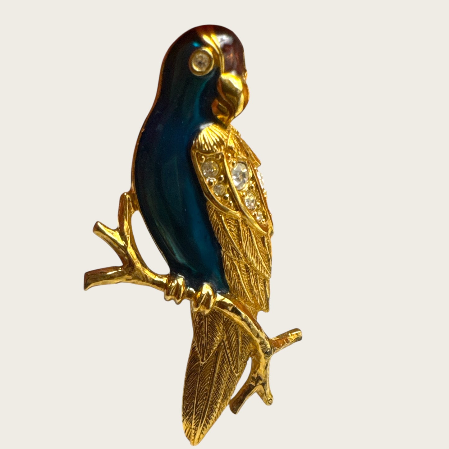 Vintage Avon Parrot Brooch – Enamel & Swarovski Crystal Bird Pin – Gold-Tone Signed Avon