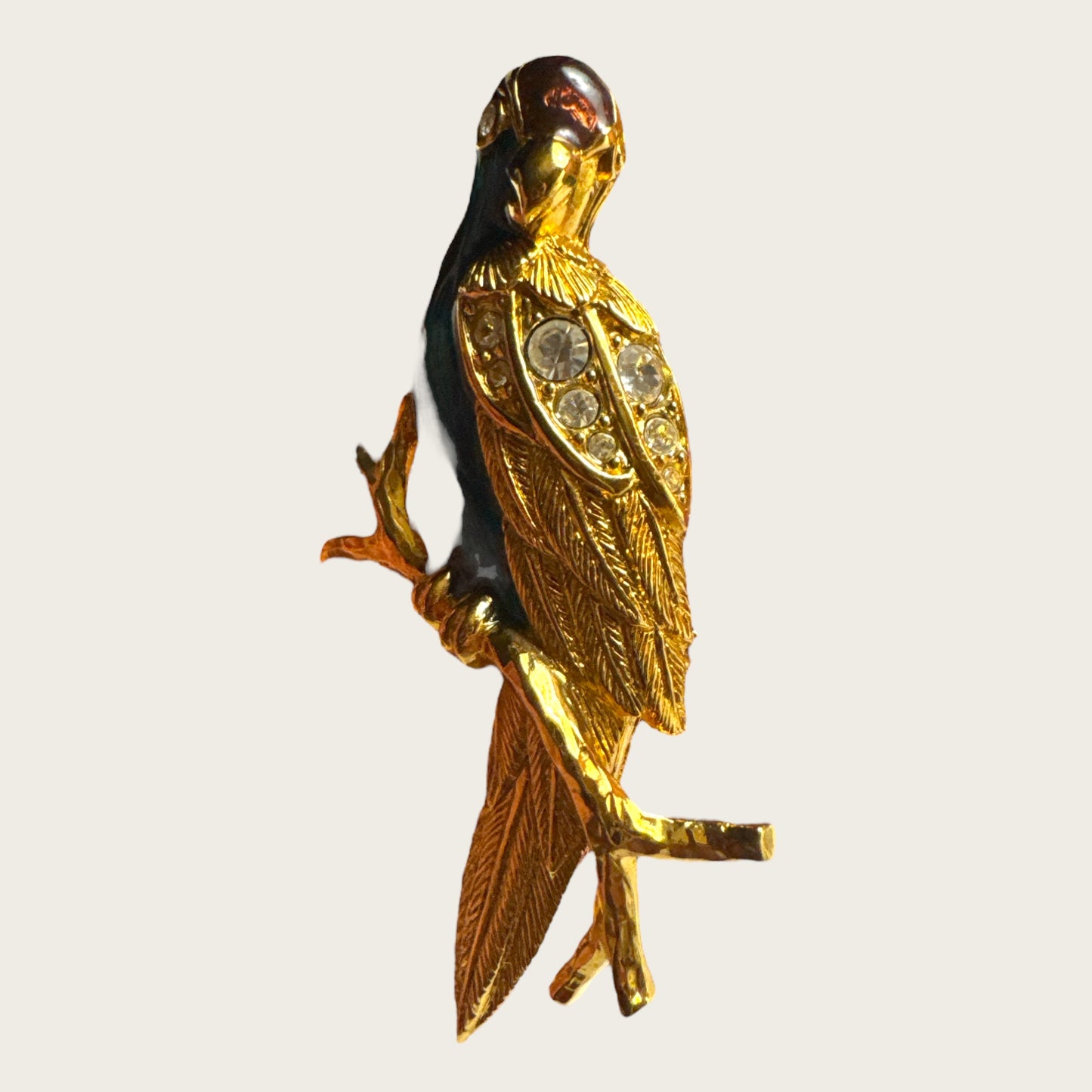 Vintage Avon Parrot Brooch – Enamel & Swarovski Crystal Bird Pin – Gold-Tone Signed Avon