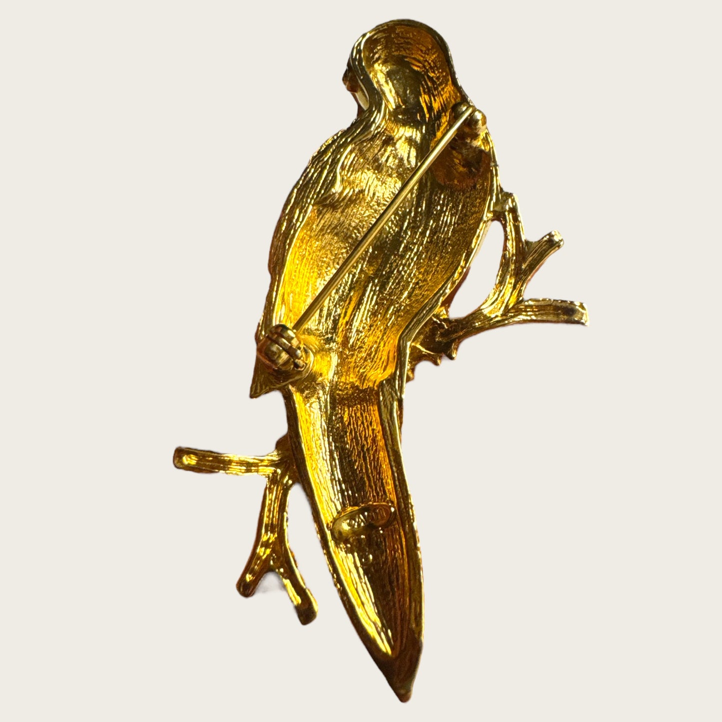 Vintage Avon Parrot Brooch – Enamel & Swarovski Crystal Bird Pin – Gold-Tone Signed Avon