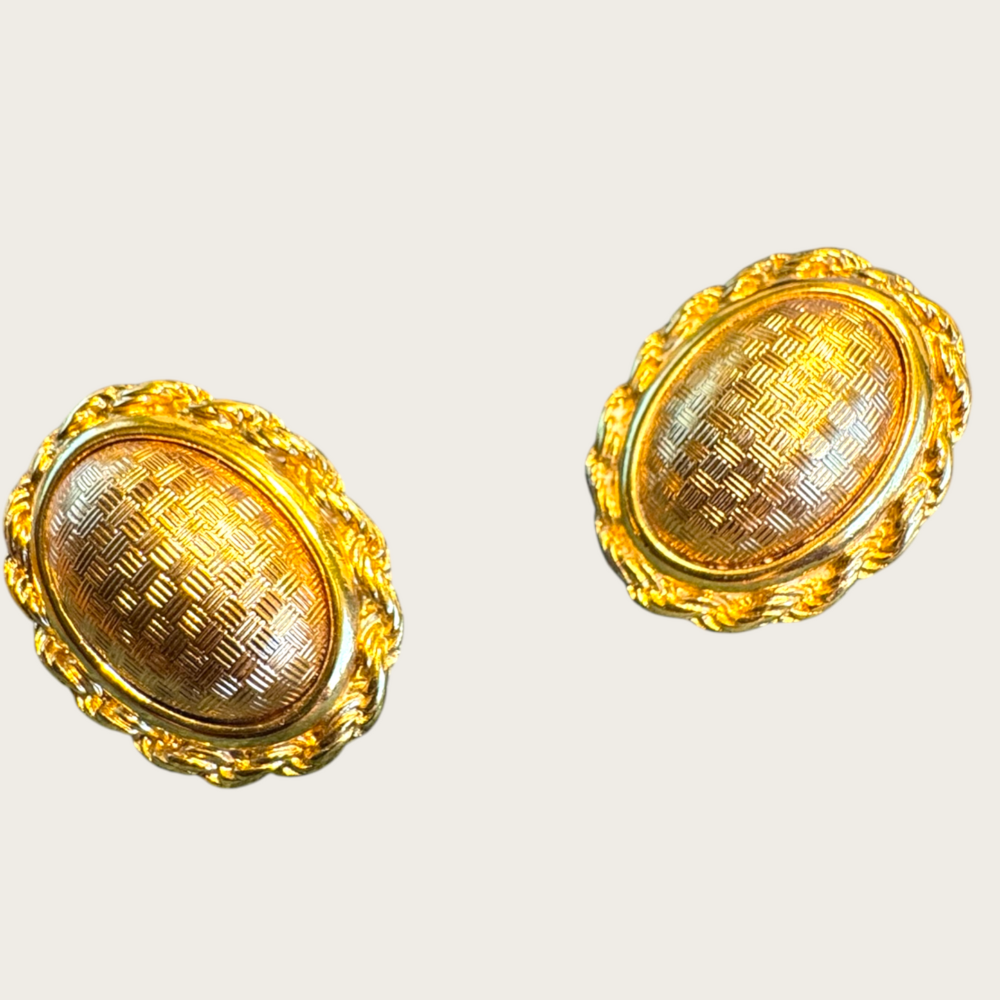Vintage Monet Gold-Tone Rope Oval Clip-On Earrings with Rose Gold Wafer Center