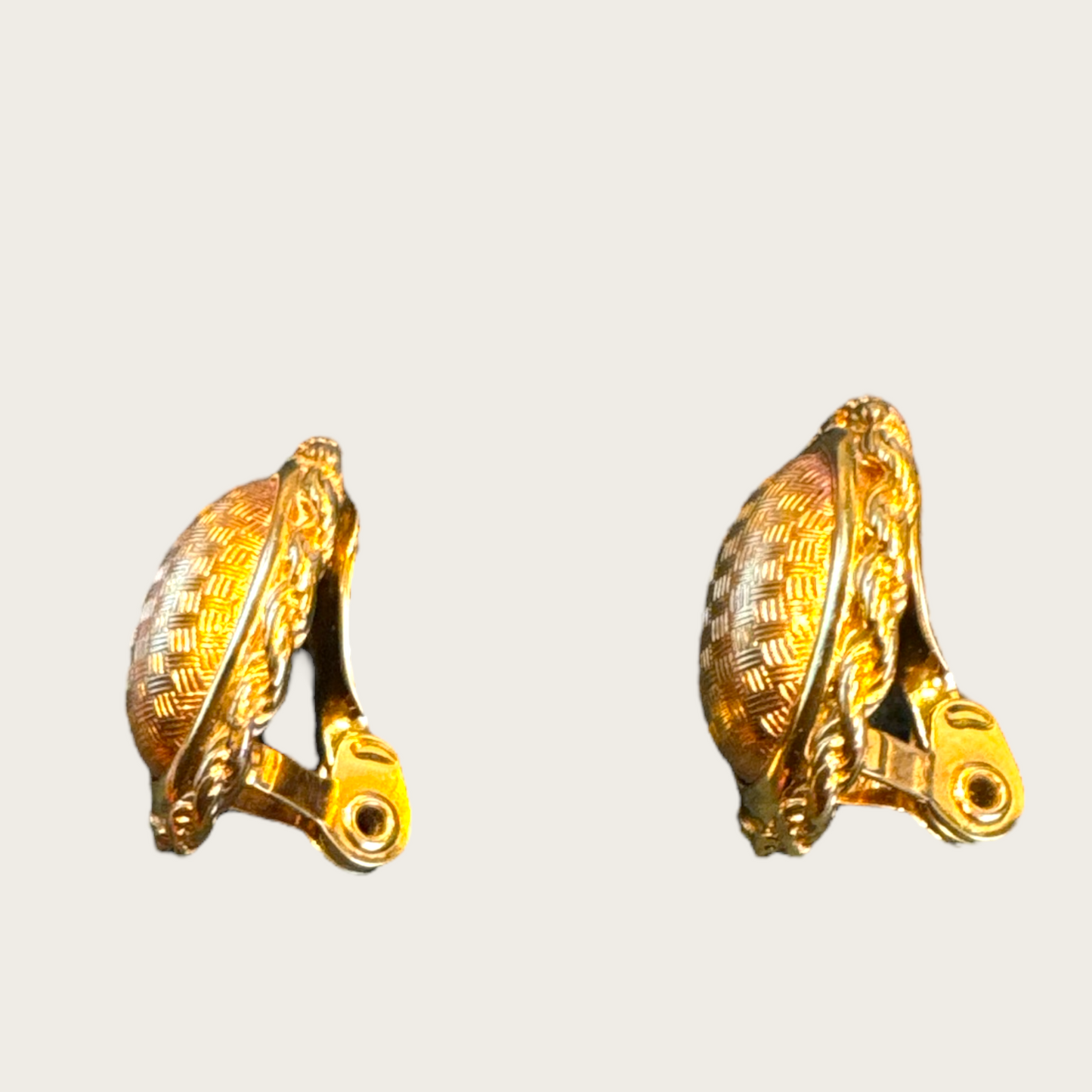 Vintage Monet Gold-Tone Rope Oval Clip-On Earrings with Rose Gold Wafer Center