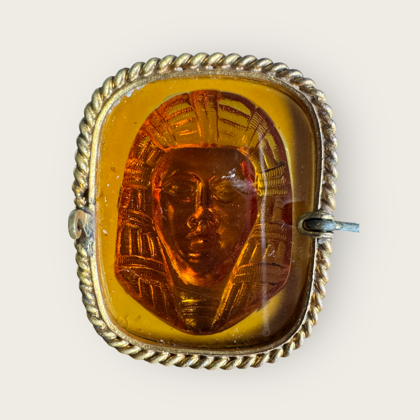 Antique Egyptian Revival Amber Glass Pharaoh Cameo Brooch | c. 1900