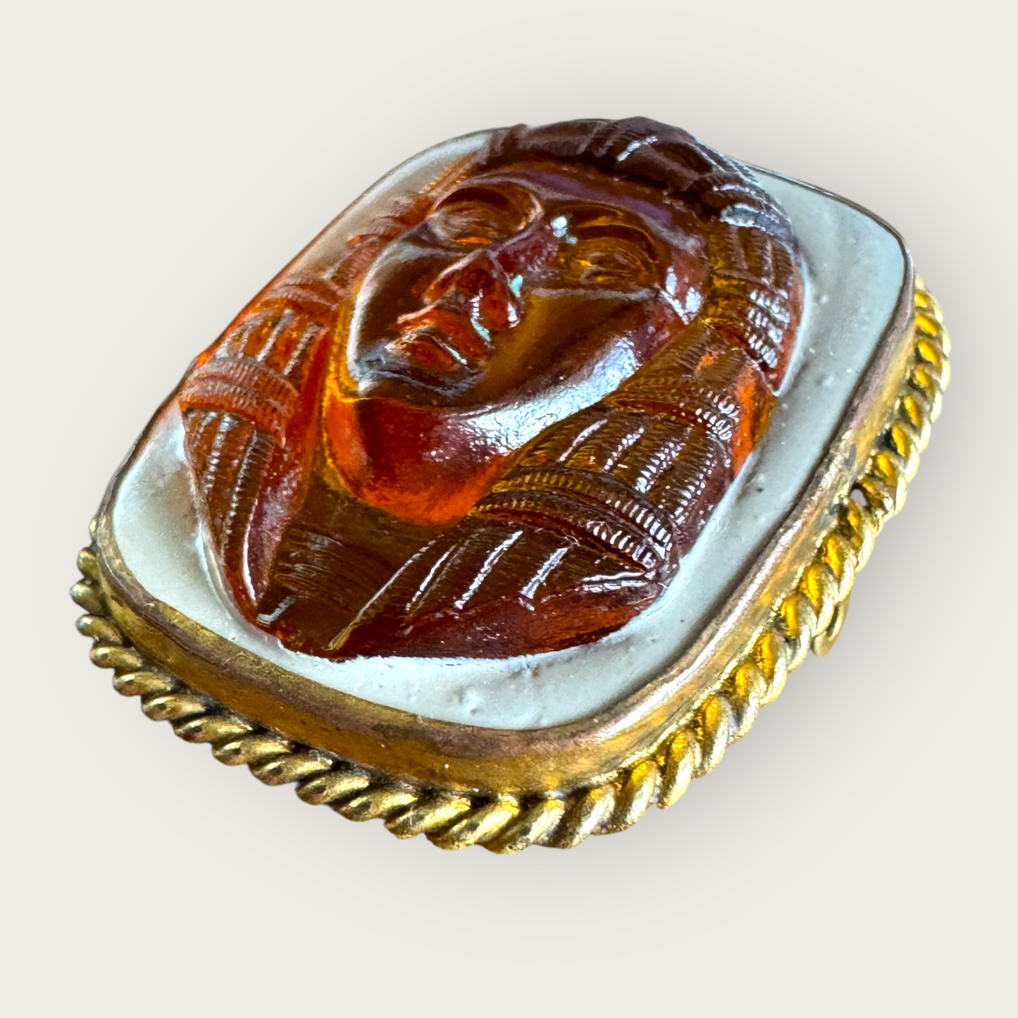 Antique Egyptian Revival Amber Glass Pharaoh Cameo Brooch | c. 1900