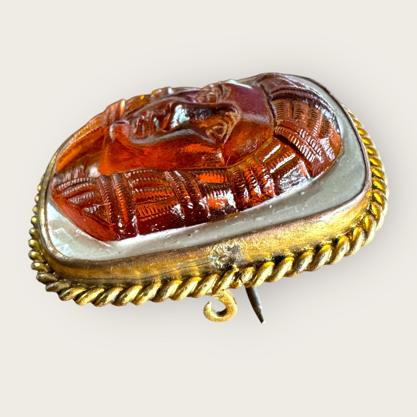Antique Egyptian Revival Amber Glass Pharaoh Cameo Brooch | c. 1900