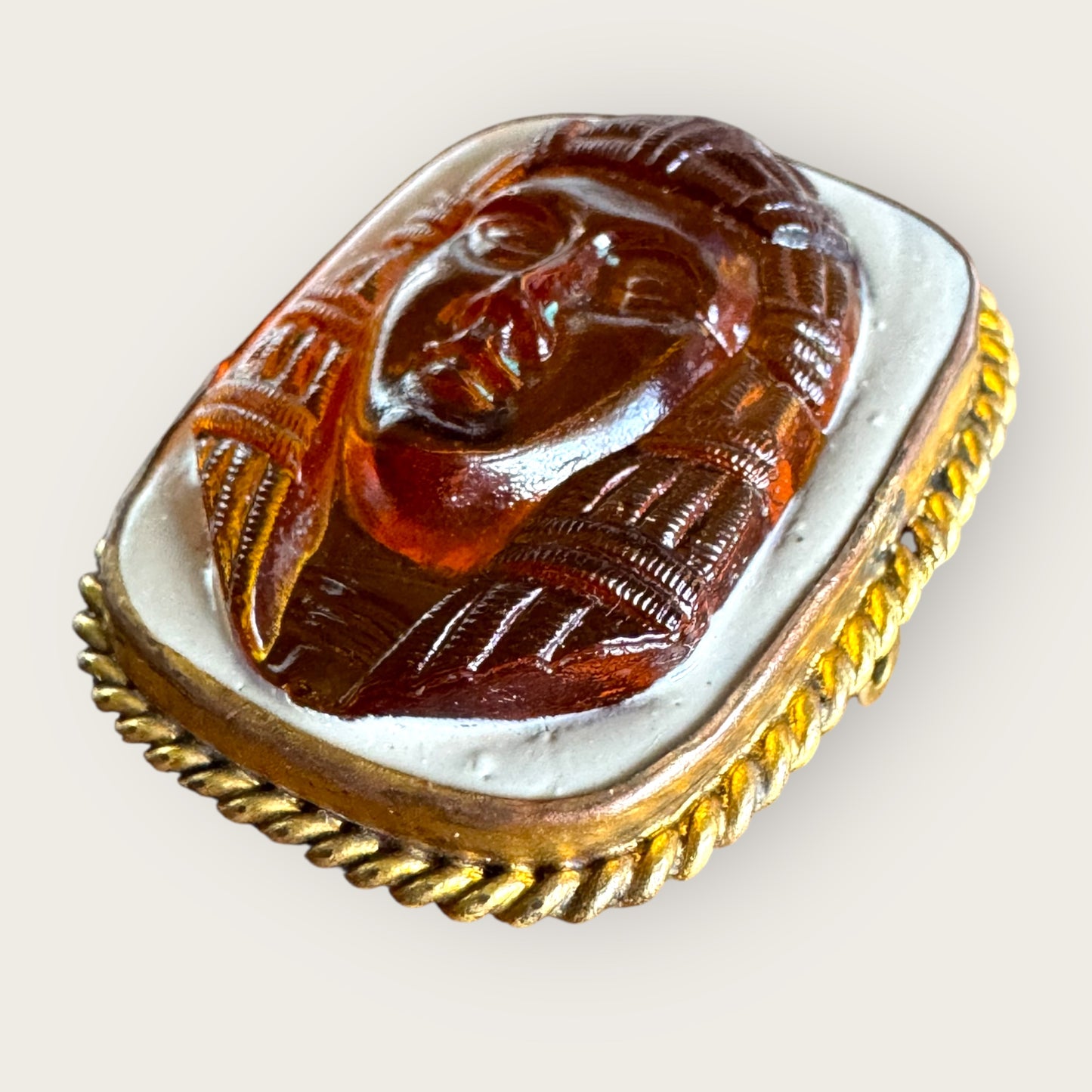 Antique Egyptian Revival Amber Glass Pharaoh Cameo Brooch | c. 1900