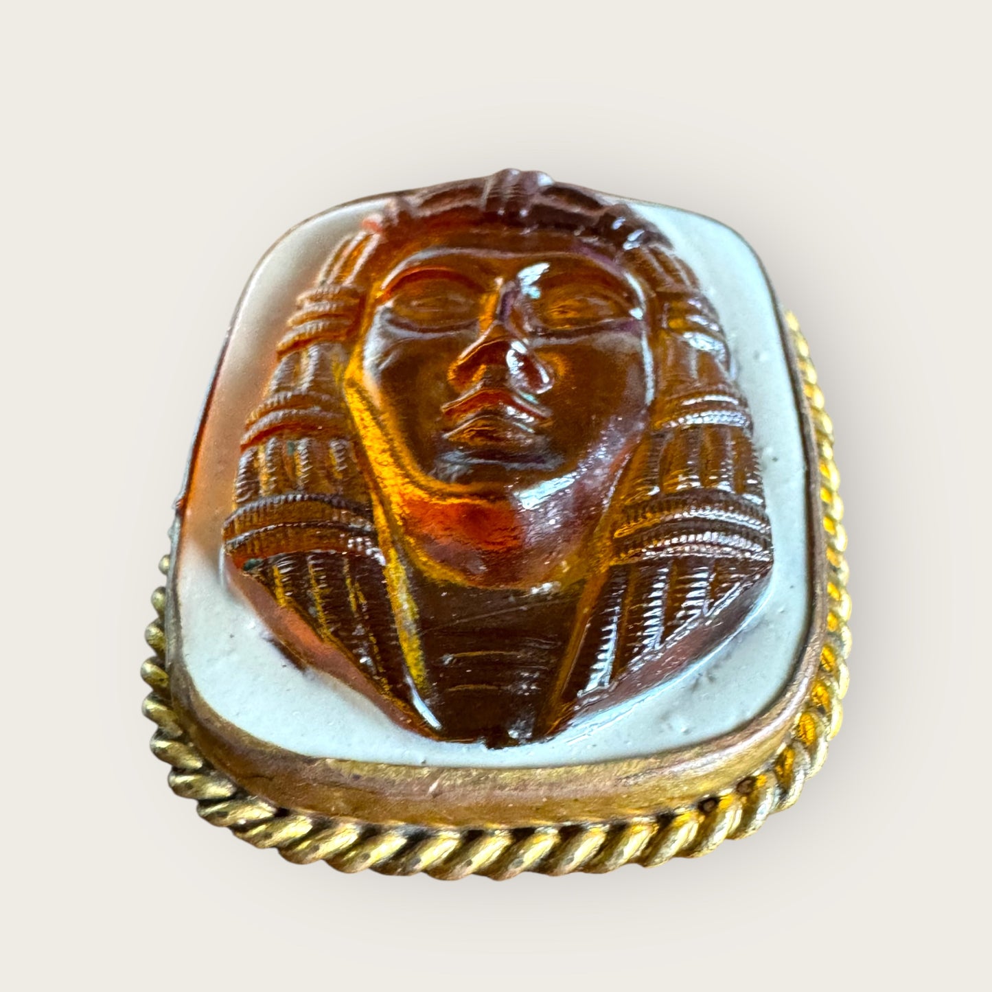 Antique Egyptian Revival Amber Glass Pharaoh Cameo Brooch | c. 1900