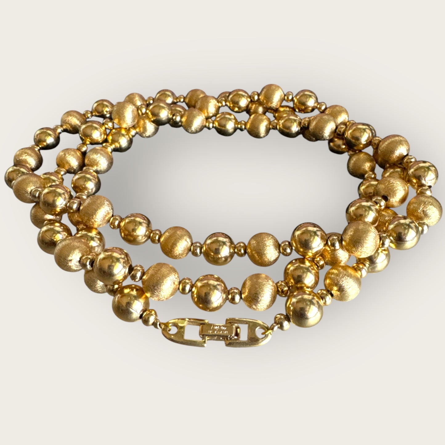 Vintage Napier Gold-Tone Beaded Necklace – 36 Inch, Textured & Polished Beads