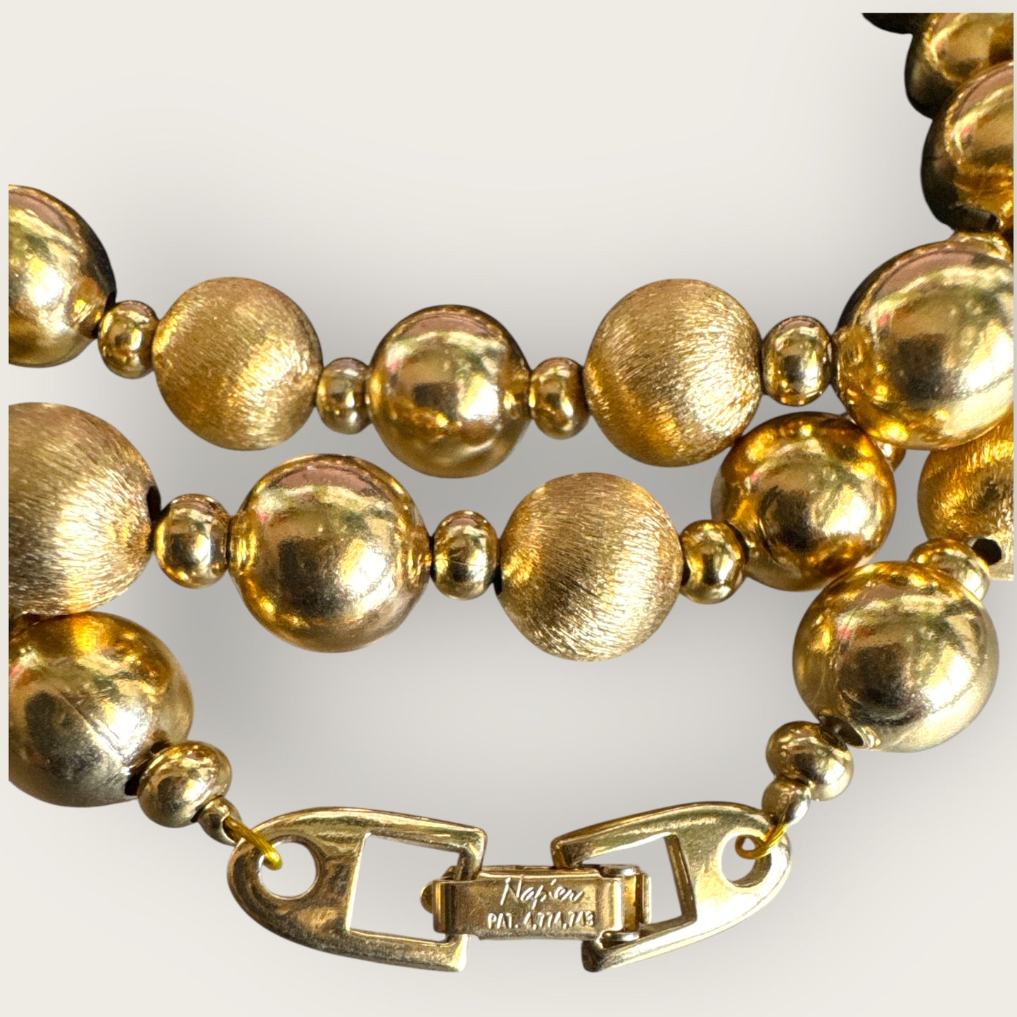 Vintage Napier Gold-Tone Beaded Necklace – 36 Inch, Textured & Polished Beads
