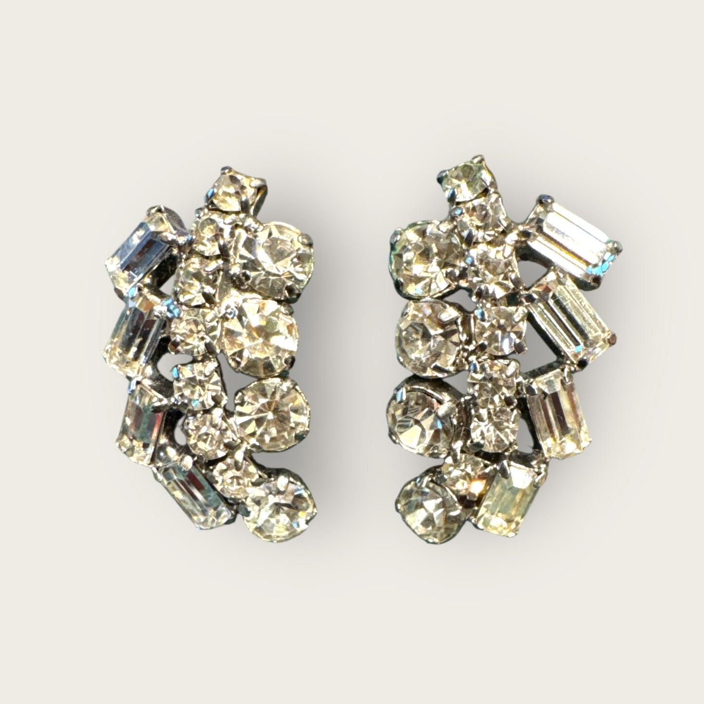 Vintage Clear Rhinestone Clip-On Earrings | Mid-Century Sparkling Prong-Set Design