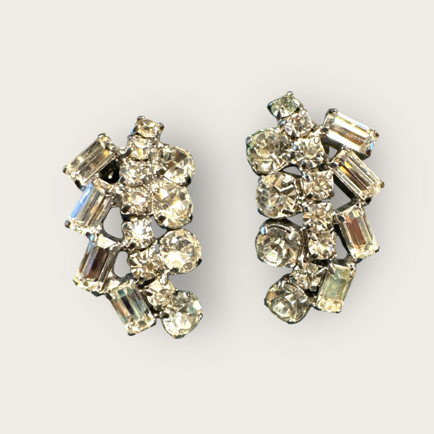 Vintage Clear Rhinestone Clip-On Earrings | Mid-Century Sparkling Prong-Set Design