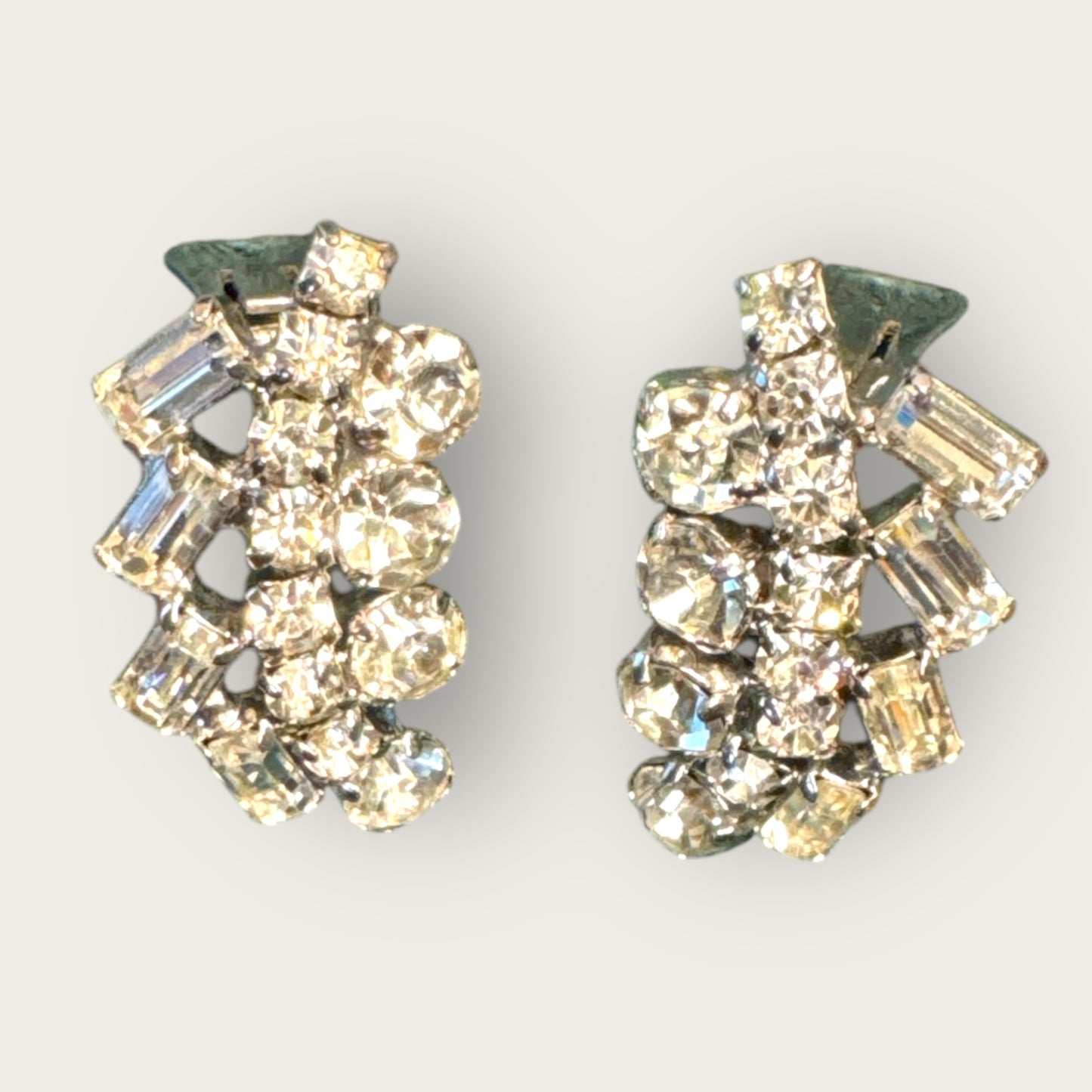 Vintage Clear Rhinestone Clip-On Earrings | Mid-Century Sparkling Prong-Set Design