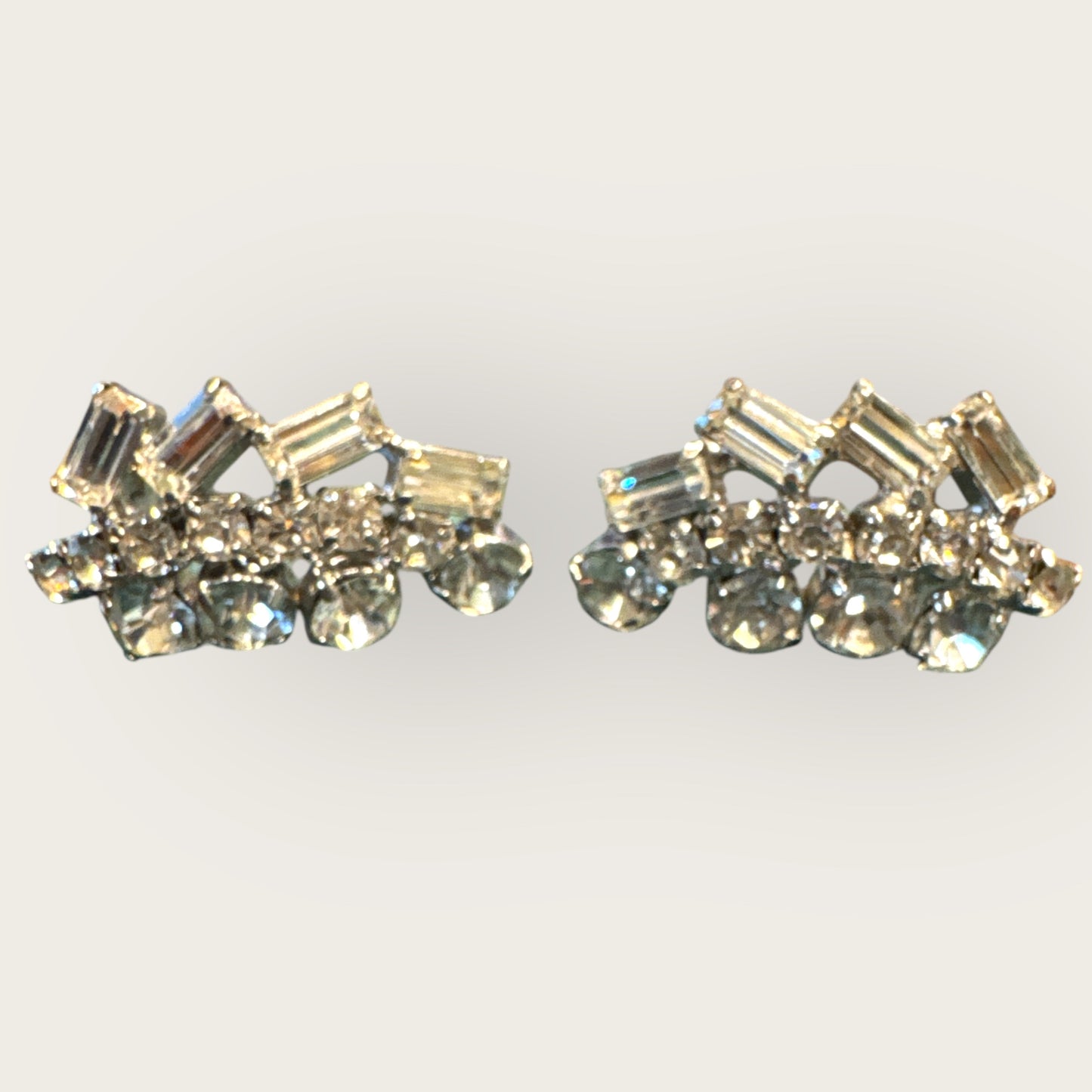 Vintage Clear Rhinestone Clip-On Earrings | Mid-Century Sparkling Prong-Set Design