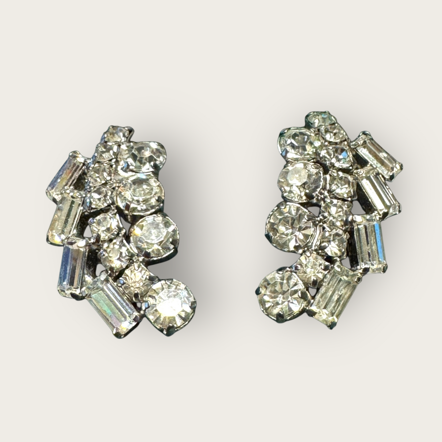 Vintage Clear Rhinestone Clip-On Earrings | Mid-Century Sparkling Prong-Set Design
