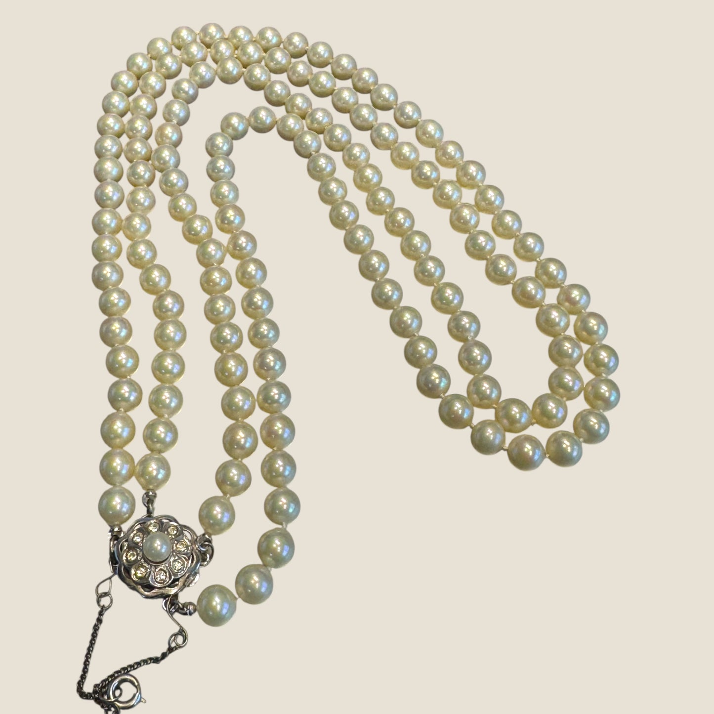 Vintage 1950s Double-Strand Glass Pearl Necklace | Rhinestone & Faux Pearl Clasp with Safety Chain | Elegant Mid-Century Design