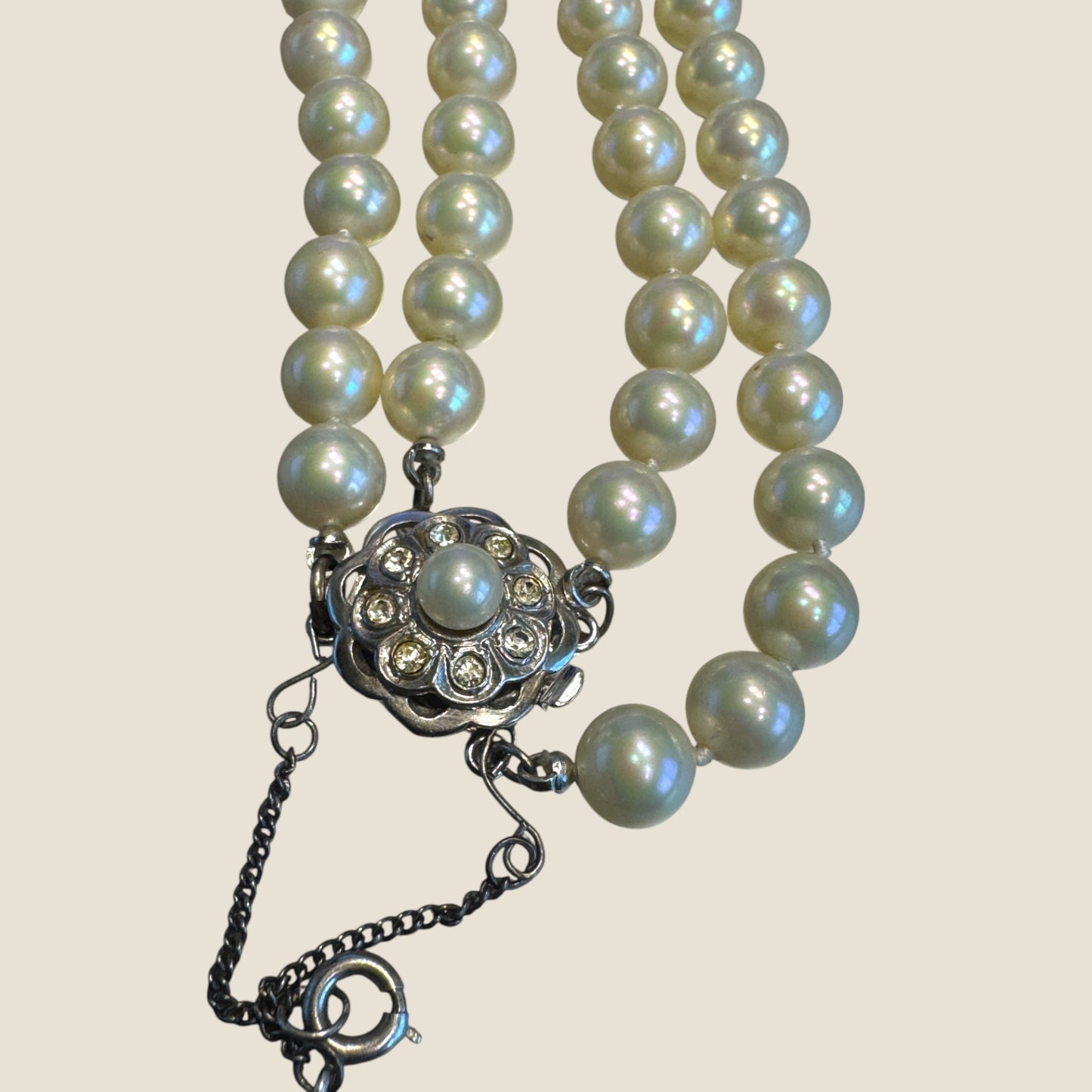 Vintage 1950s Double-Strand Glass Pearl Necklace | Rhinestone & Faux Pearl Clasp with Safety Chain | Elegant Mid-Century Design