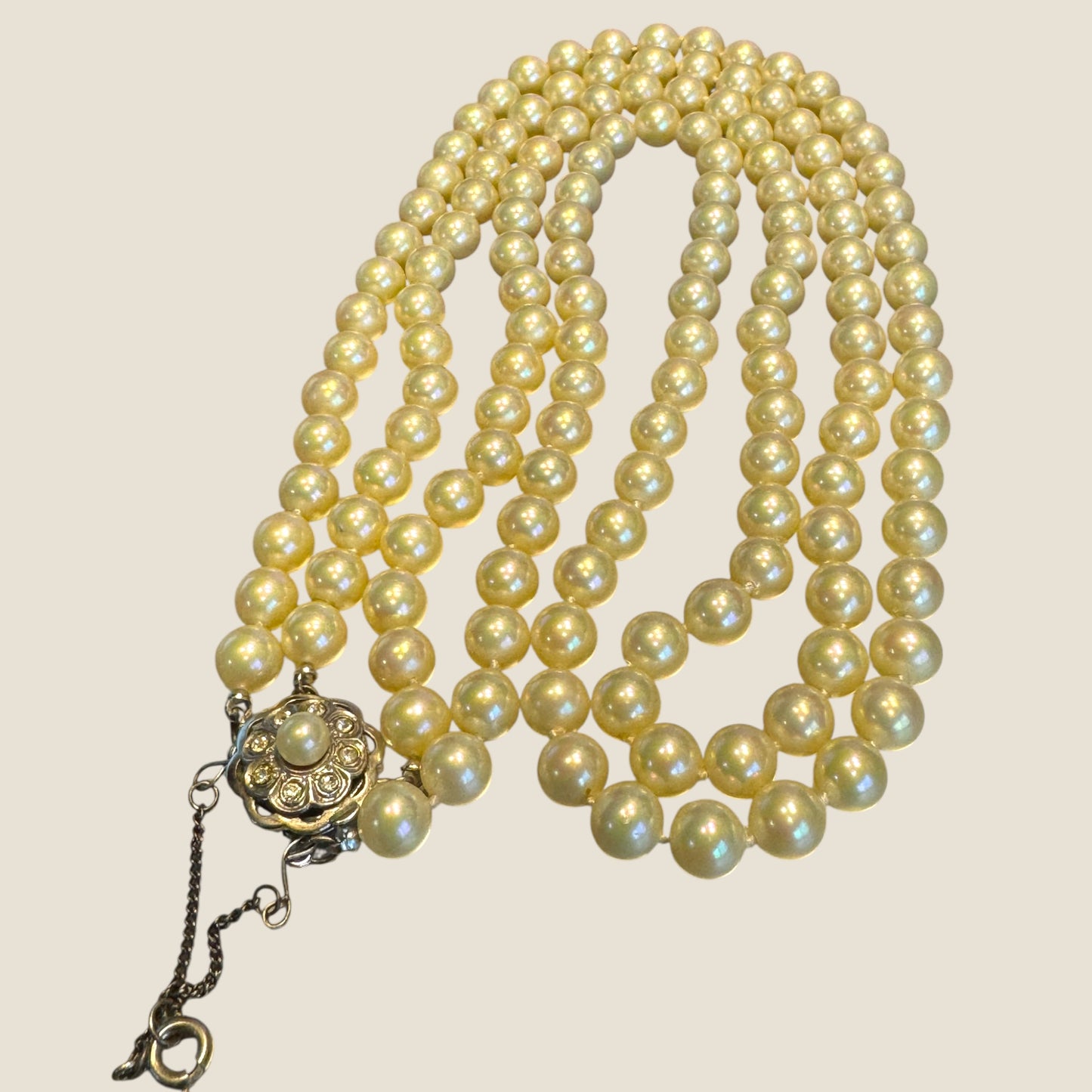 Vintage 1950s Double-Strand Glass Pearl Necklace | Rhinestone & Faux Pearl Clasp with Safety Chain | Elegant Mid-Century Design