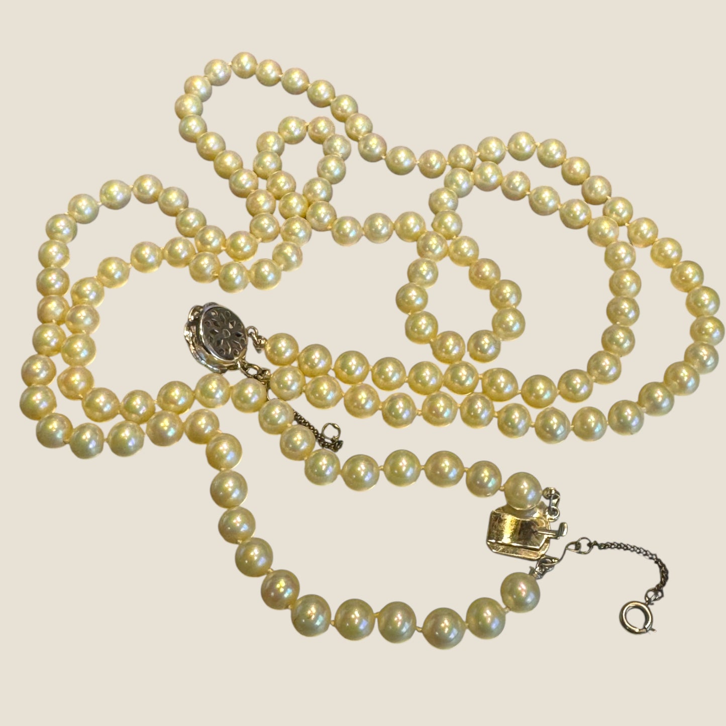 Vintage 1950s Double-Strand Glass Pearl Necklace | Rhinestone & Faux Pearl Clasp with Safety Chain | Elegant Mid-Century Design