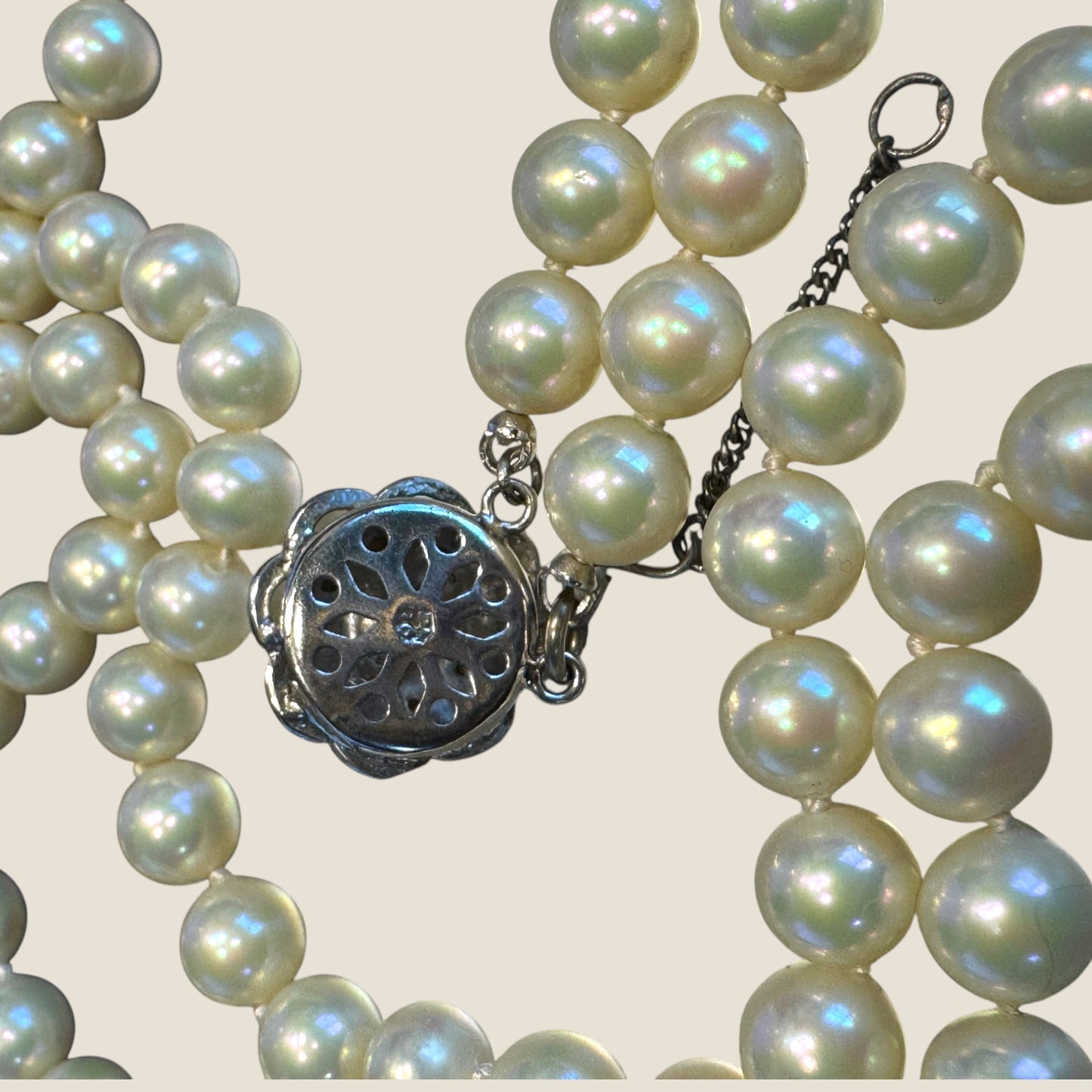 Vintage 1950s Double-Strand Glass Pearl Necklace | Rhinestone & Faux Pearl Clasp with Safety Chain | Elegant Mid-Century Design
