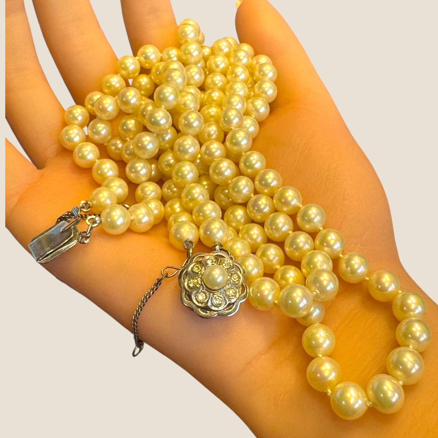 Vintage 1950s Double-Strand Glass Pearl Necklace | Rhinestone & Faux Pearl Clasp with Safety Chain | Elegant Mid-Century Design