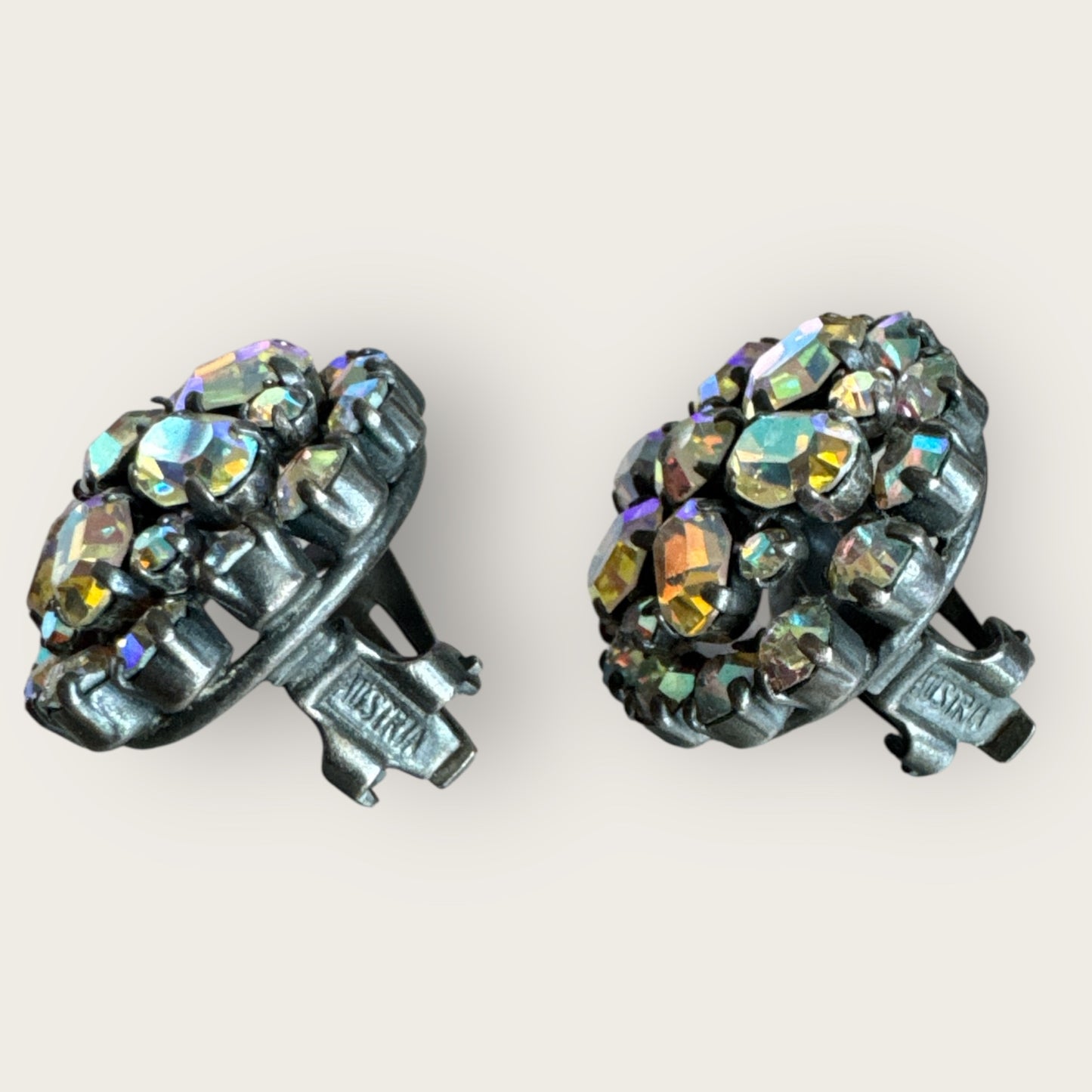 Vintage Austria Domed Aurora Borealis Rhinestone Clip-On Earrings – European Gunmetal Setting, 1950s Sparkle Statement Jewelry