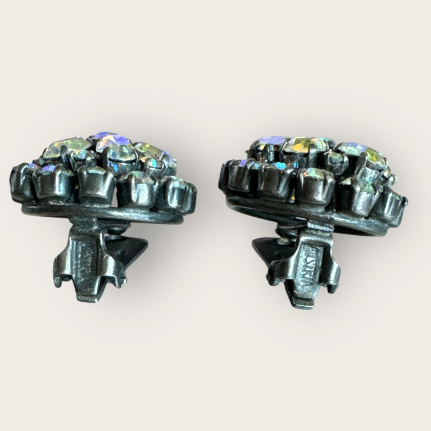 Vintage Austria Domed Aurora Borealis Rhinestone Clip-On Earrings – European Gunmetal Setting, 1950s Sparkle Statement Jewelry