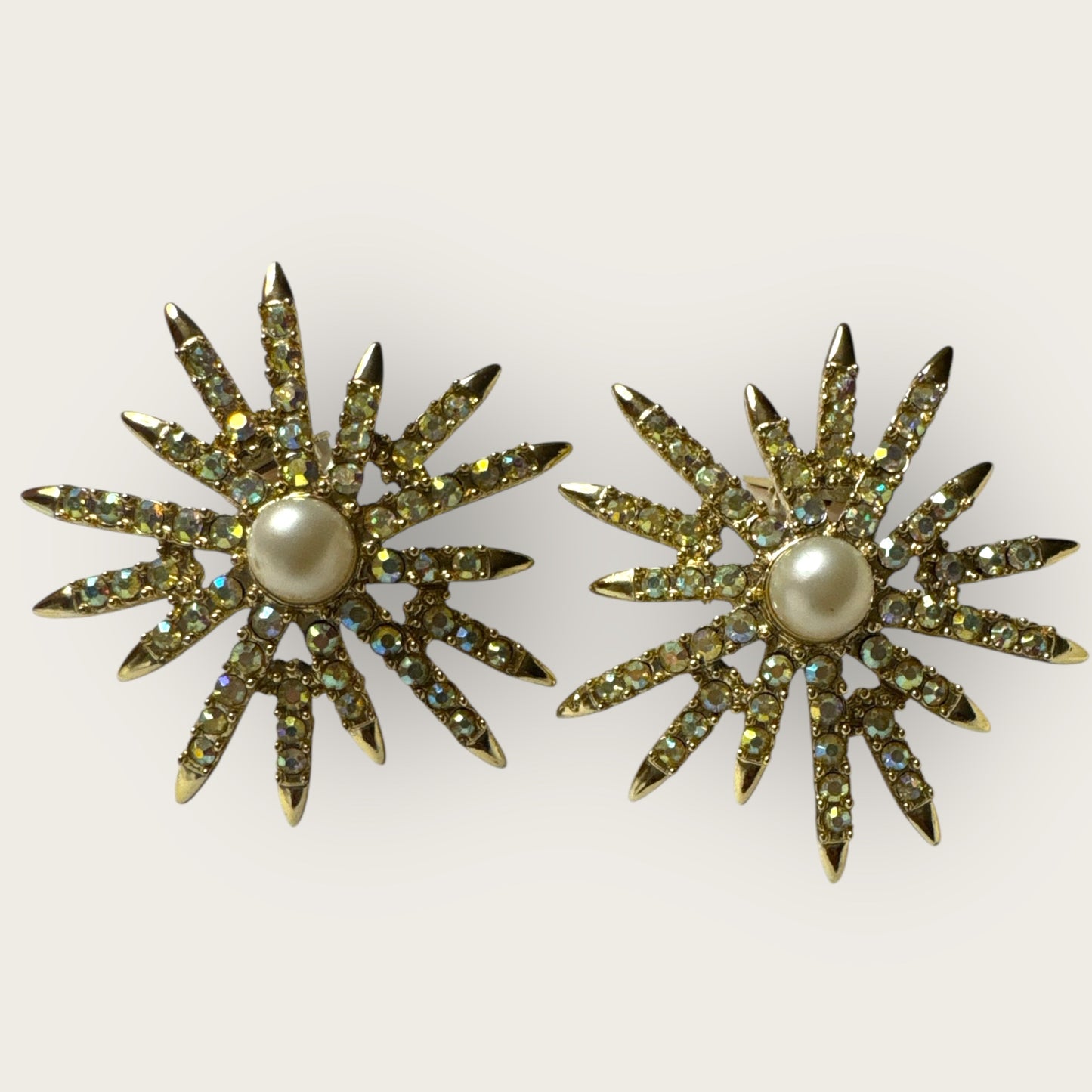 Vintage Emmons Patent Pending Starburst Clip-On Earrings – Aurora Borealis Rhinestones & Faux Pearl, 1950s