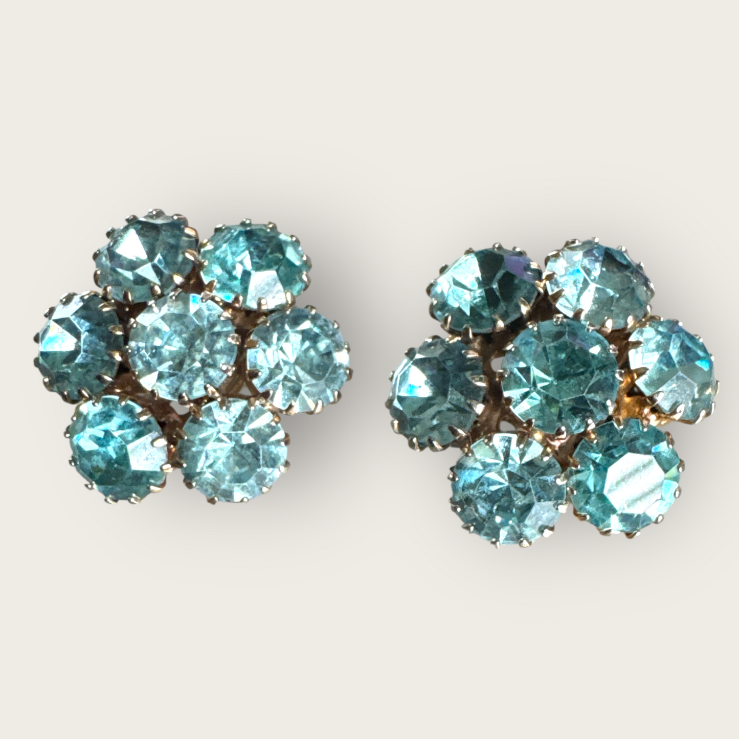 Vintage 1950s Baby Blue Rhinestone Cluster Earrings – Gold-Tone Clip-Ons