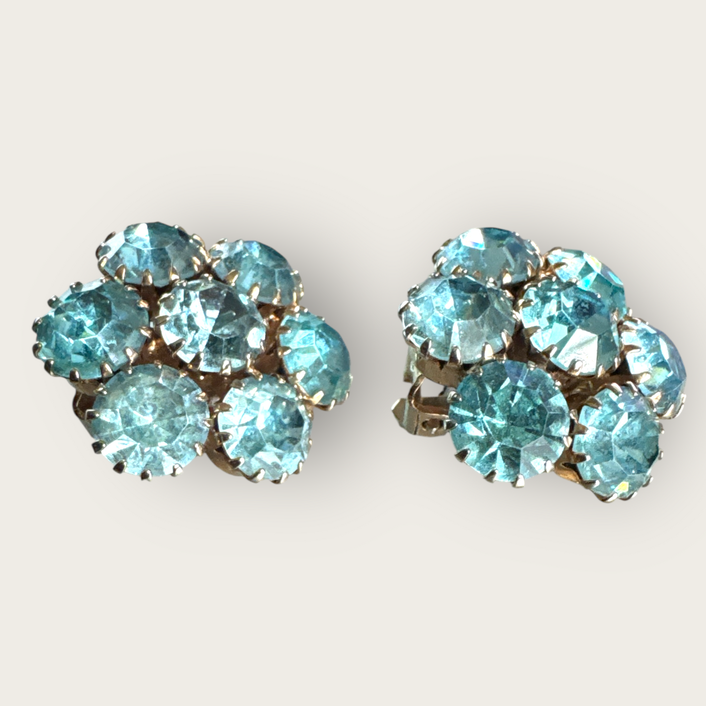 Vintage 1950s Baby Blue Rhinestone Cluster Earrings – Gold-Tone Clip-Ons