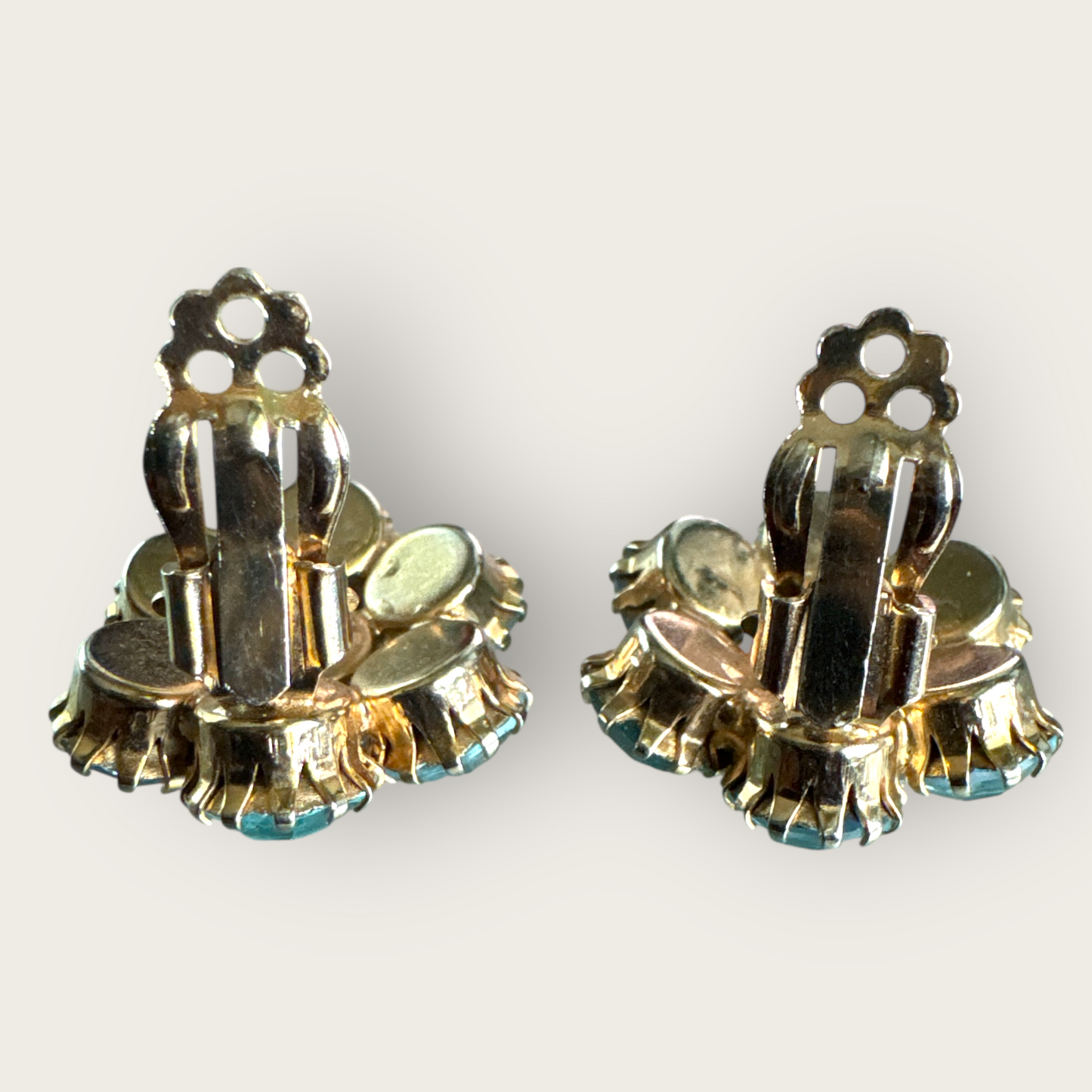 Vintage 1950s Baby Blue Rhinestone Cluster Earrings – Gold-Tone Clip-Ons