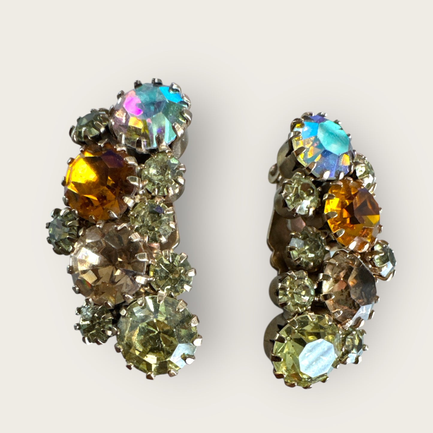 Vintage Karu Arke Inc. Rhinestone Ear Climber Earrings – Topaz, Champagne & Aurora Borealis – Mid-Century Sparkle