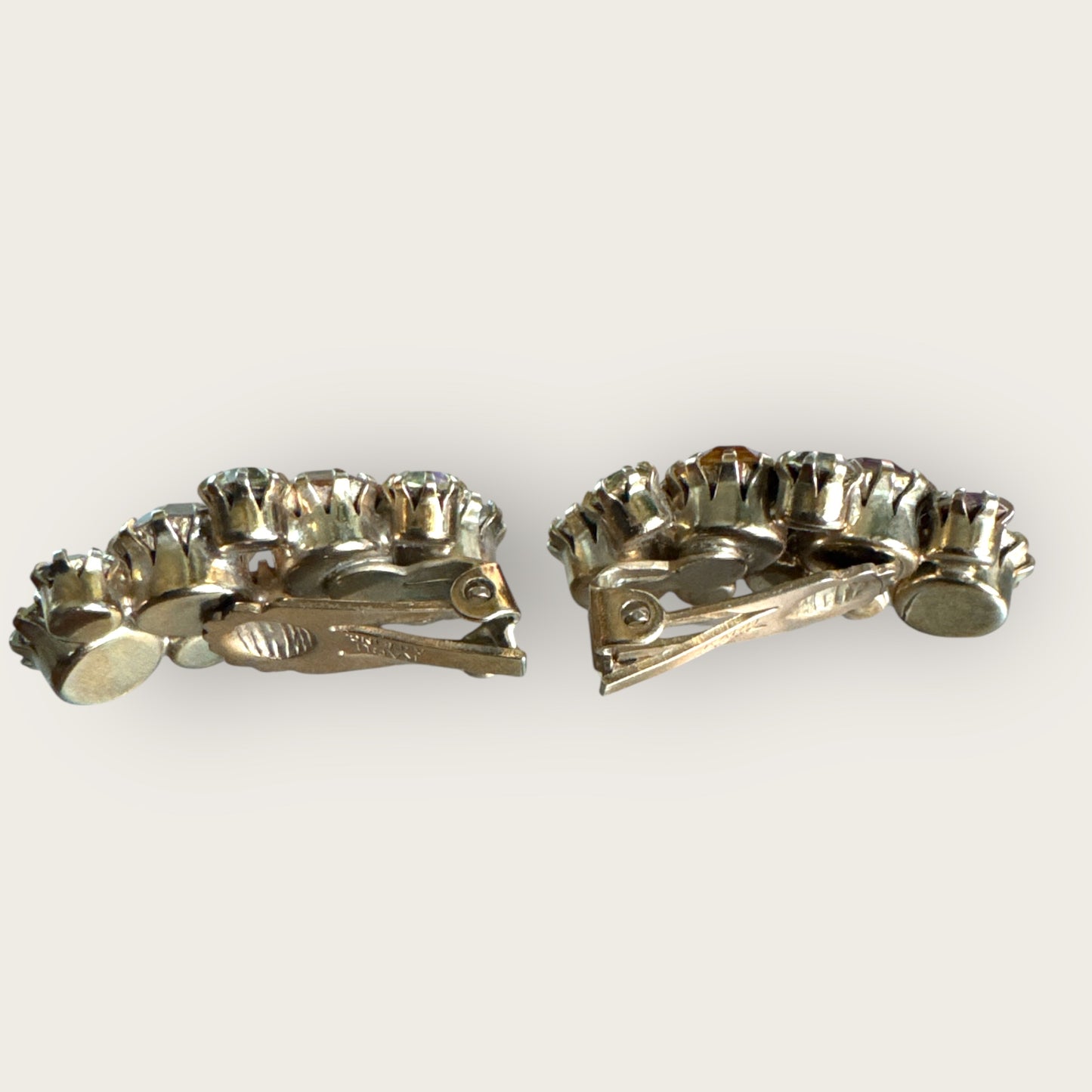 Vintage Karu Arke Inc. Rhinestone Ear Climber Earrings – Topaz, Champagne & Aurora Borealis – Mid-Century Sparkle