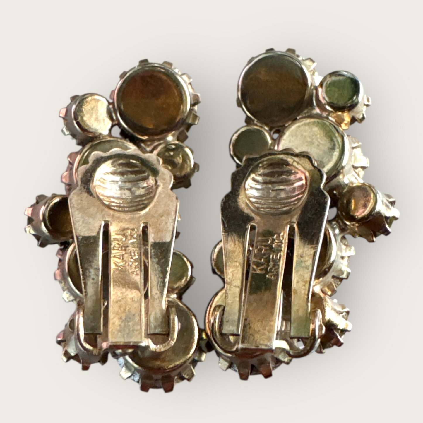 Vintage Karu Arke Inc. Rhinestone Ear Climber Earrings – Topaz, Champagne & Aurora Borealis – Mid-Century Sparkle