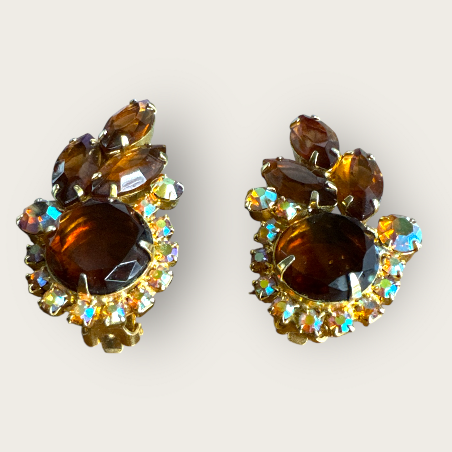 Verified Juliana Root Beer & Aurora Borealis Rhinestone Ear Climber Earrings – 1960s