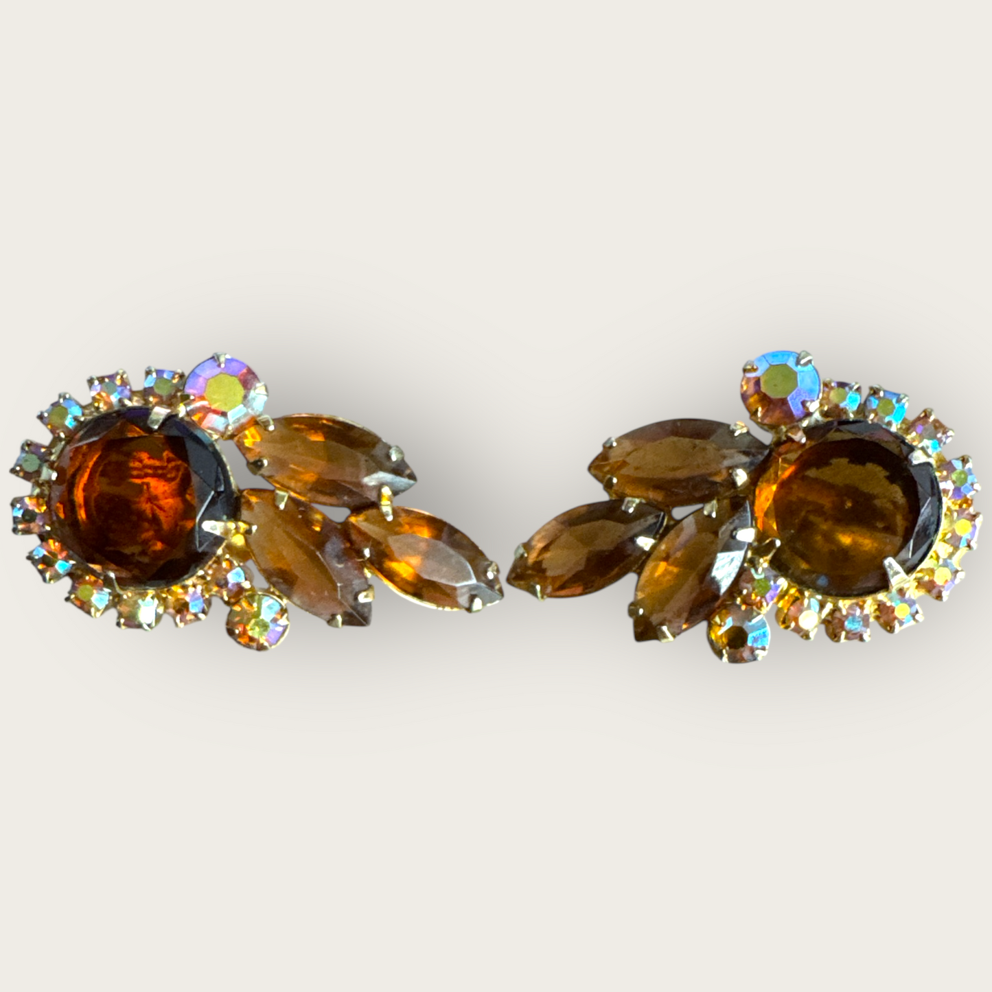 Verified Juliana Root Beer & Aurora Borealis Rhinestone Ear Climber Earrings – 1960s