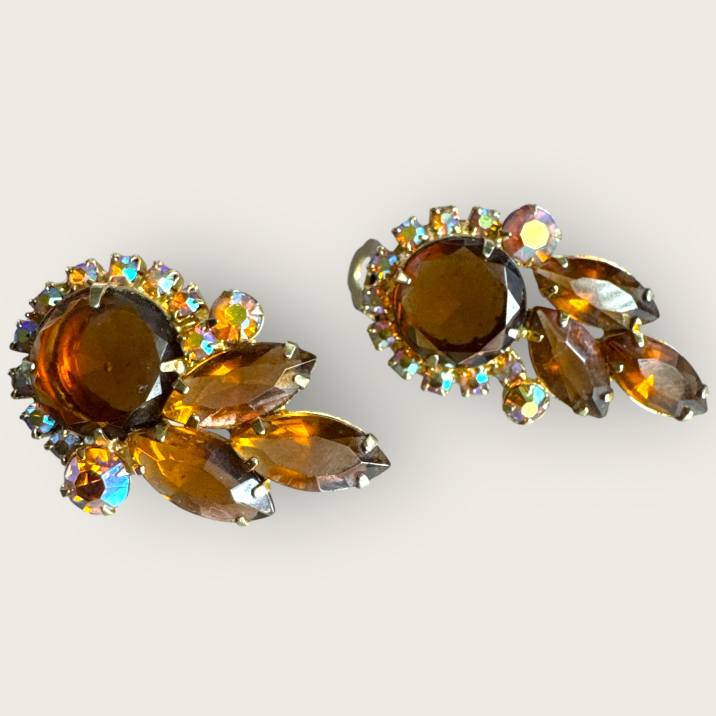 Verified Juliana Root Beer & Aurora Borealis Rhinestone Ear Climber Earrings – 1960s