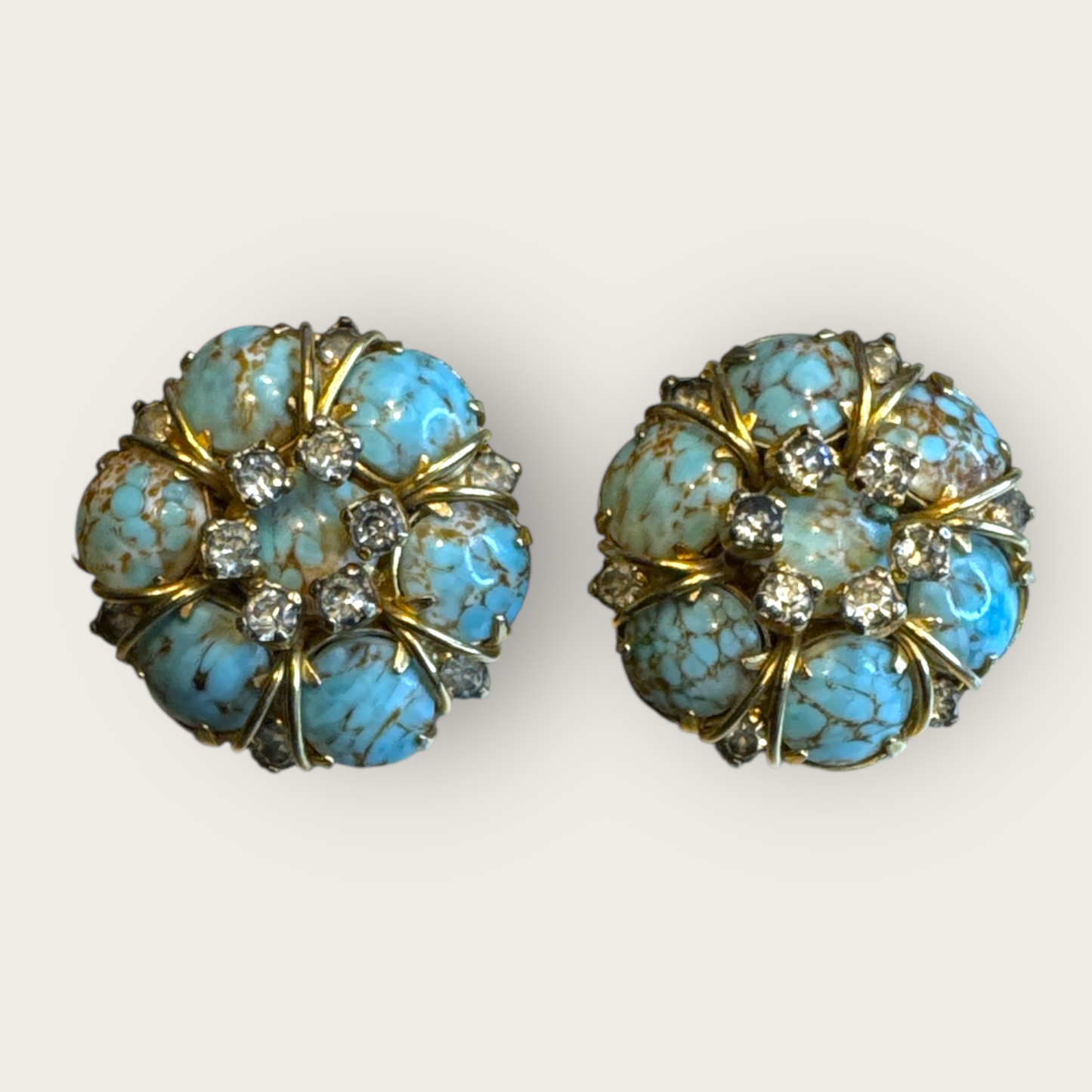 Vintage Hattie Carnegie Blue Matrix Glass & Rhinestone Earrings – Signed Carnegie